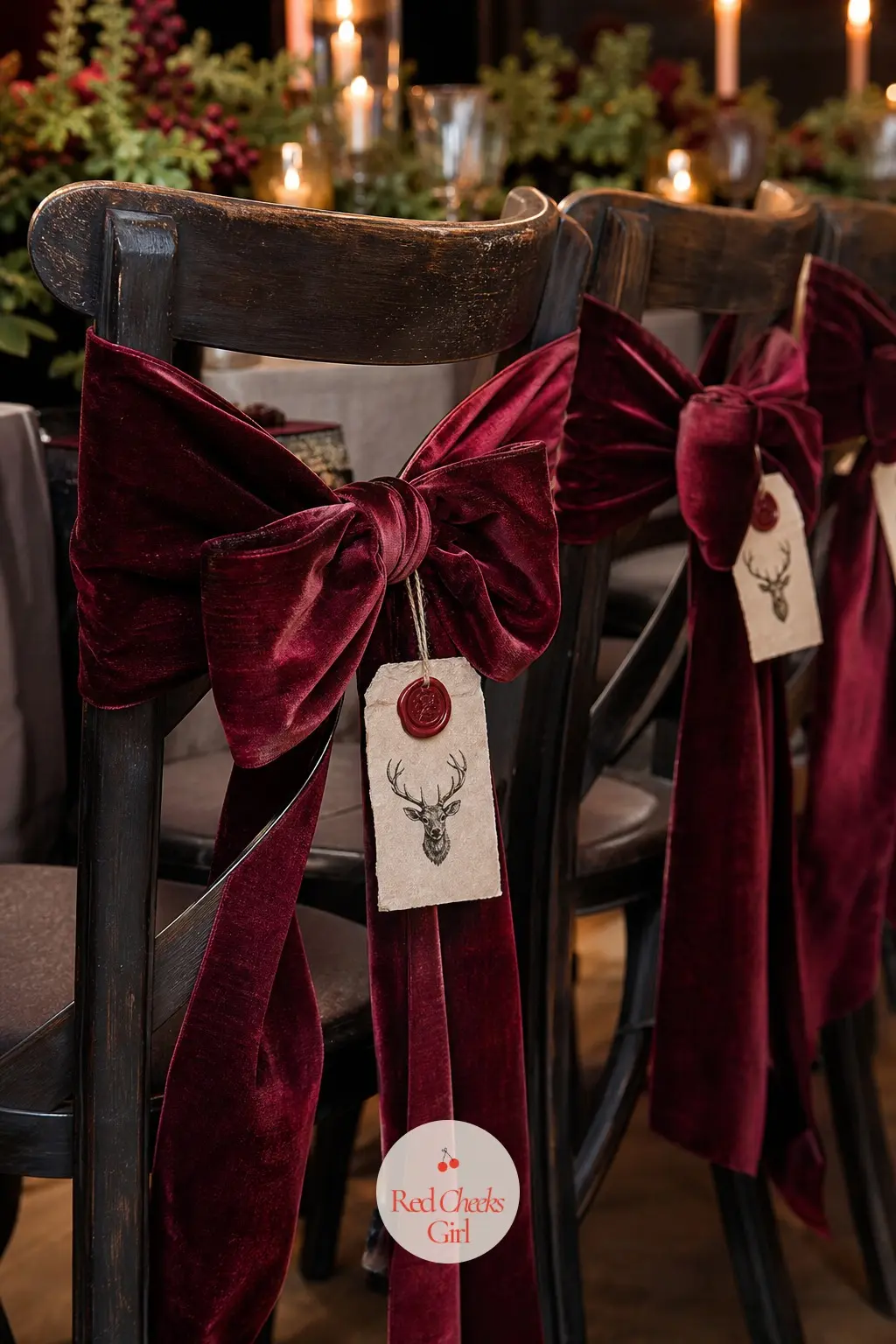 The Dining Chairs, Tied and Tagged — Every chair back gets the same velvet bow in a slightly deeper or lighter shade of the same two colours, so the row looks