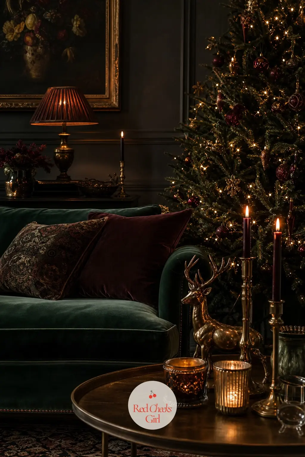 The Drawing Room, Dark and Candlelit — This is the room a guest actually sees from the front door, so it carries the tree, the velvet and the first brass stag