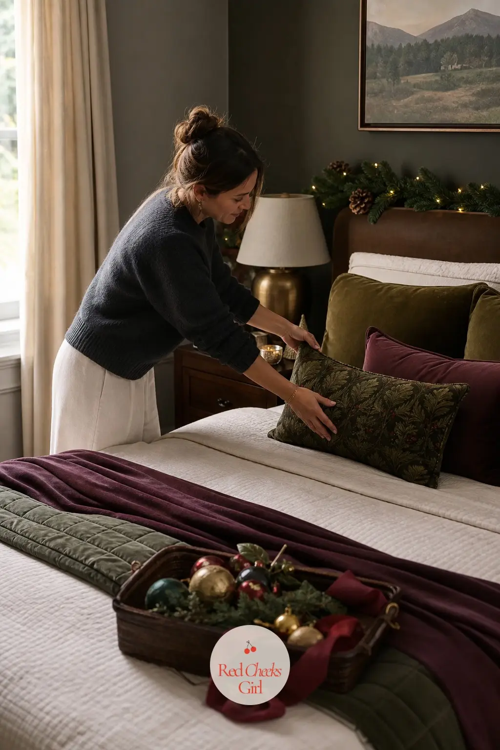 The Guest Bedroom, Ready for a Houseguest — The guest room gets the same three colours scaled down and softened: a charcoal plum wall, an emerald velvet throw