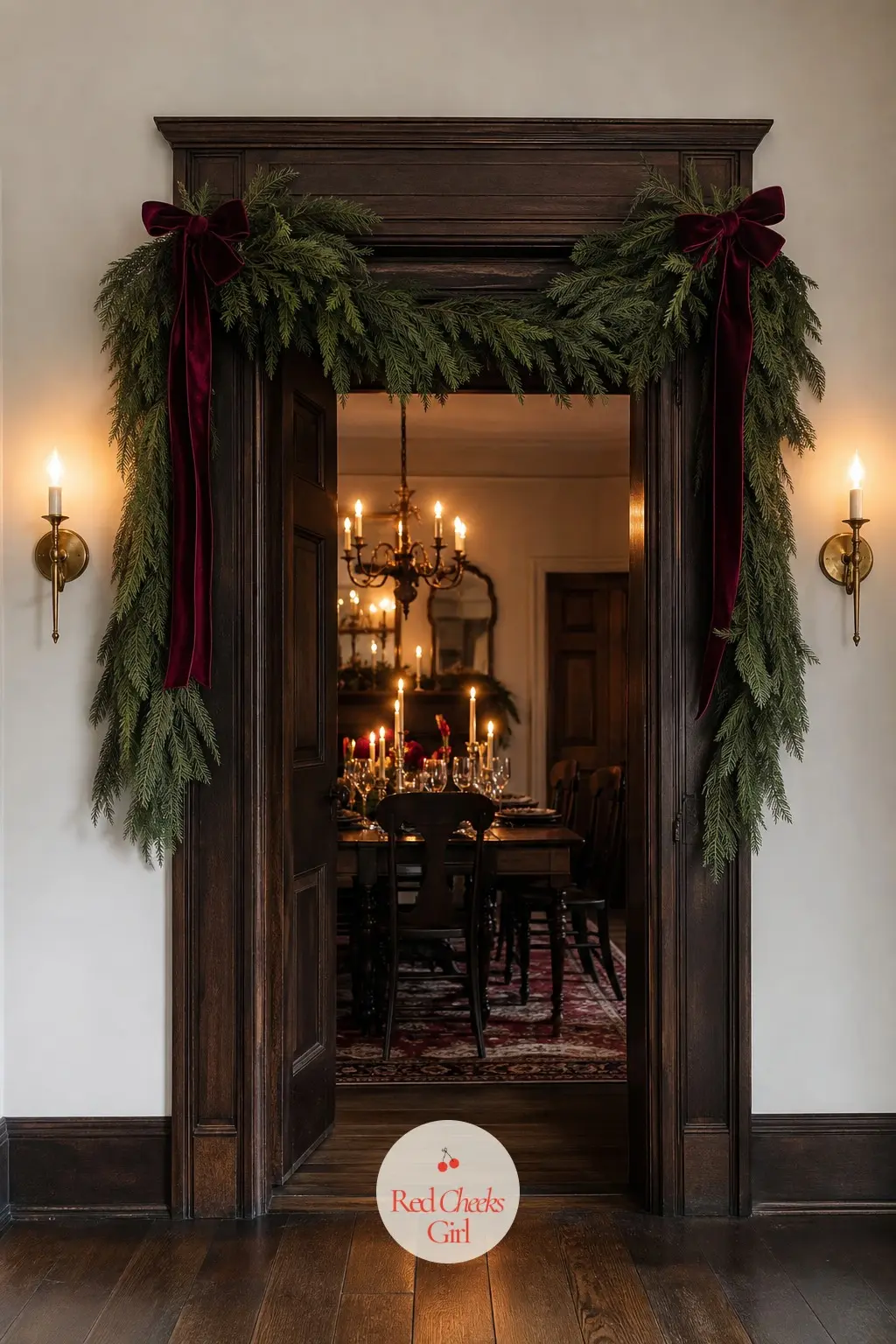 The Interior Doorway, Swagged and Lit — An interior doorway between the hall and the dining room gets the swag that a front door usually claims, dark greenery