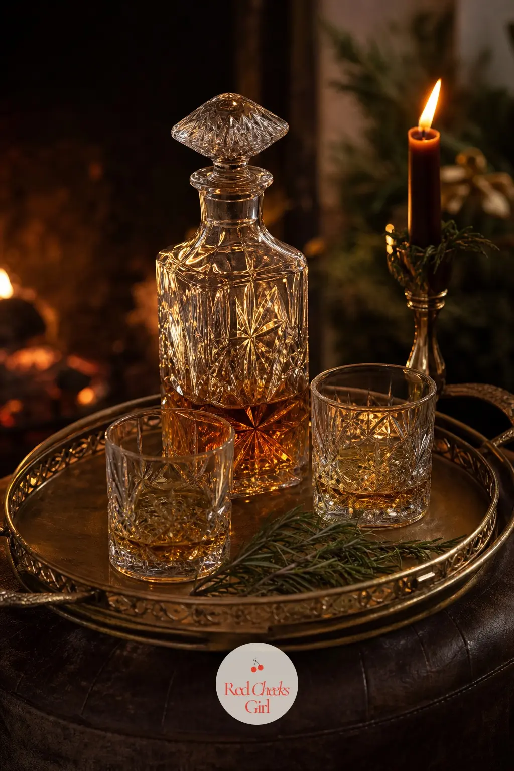 The Nightcap Tray by the Fire — A single aged brass tray on the footstool holds a crystal decanter and two glasses, set up once in the evening and left there