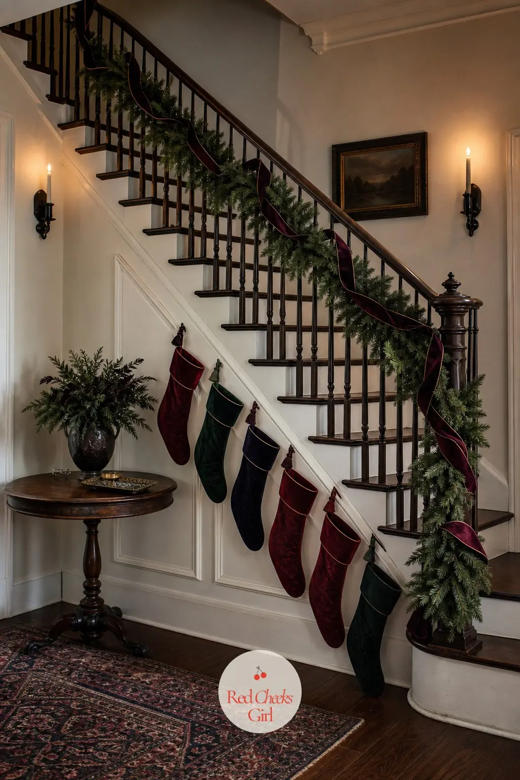 The Staircase, Garlanded and Hung with Stockings — The banister is the one piece of hallway architecture built for drama, so let the garland run heavy and dark