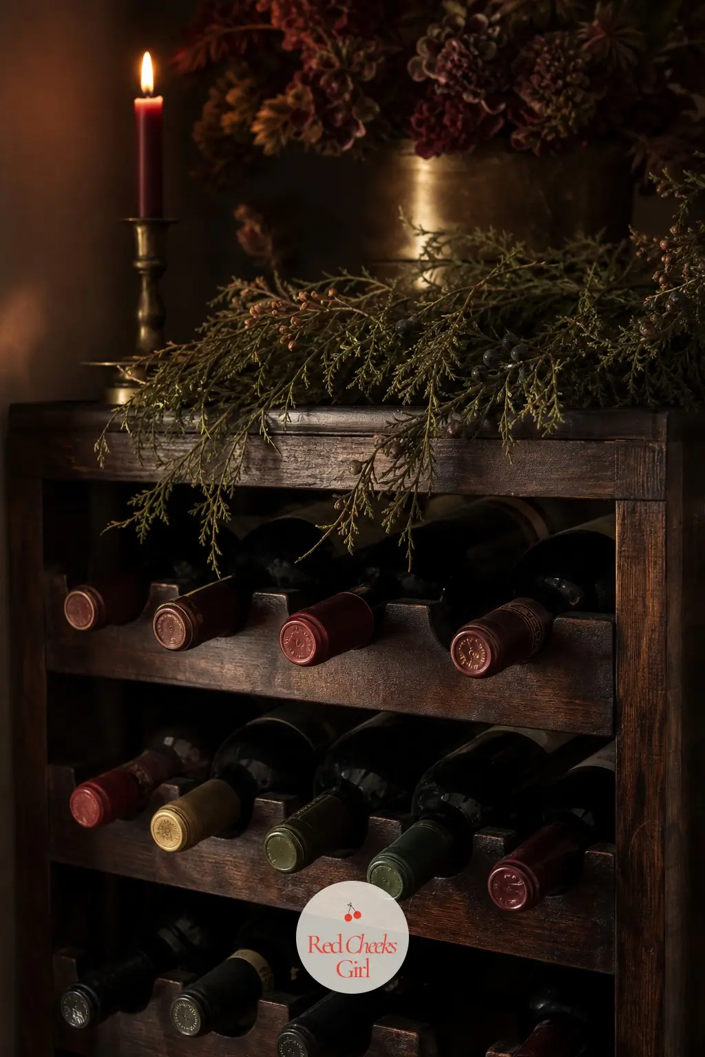 The Wine Rack, Dressed for the Season — A wine rack in the dining room corner already half matches the palette, oxblood labels and dark green glass doing the