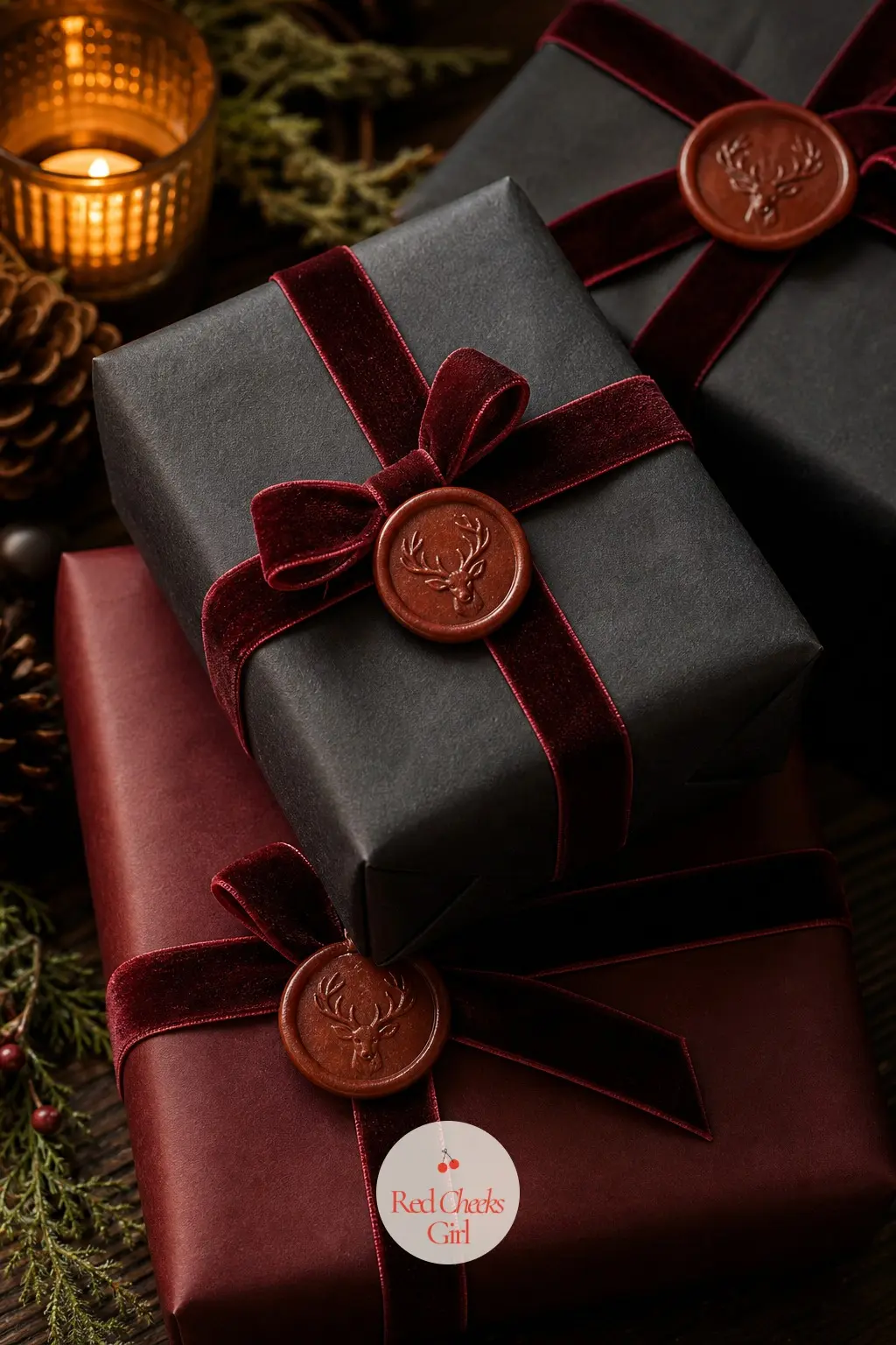 Wrapping the Gifts, Close on the Parcels — Parcels stacked on the guest room floor or a spare corner of the bed get dark paper in charcoal and oxblood rather
