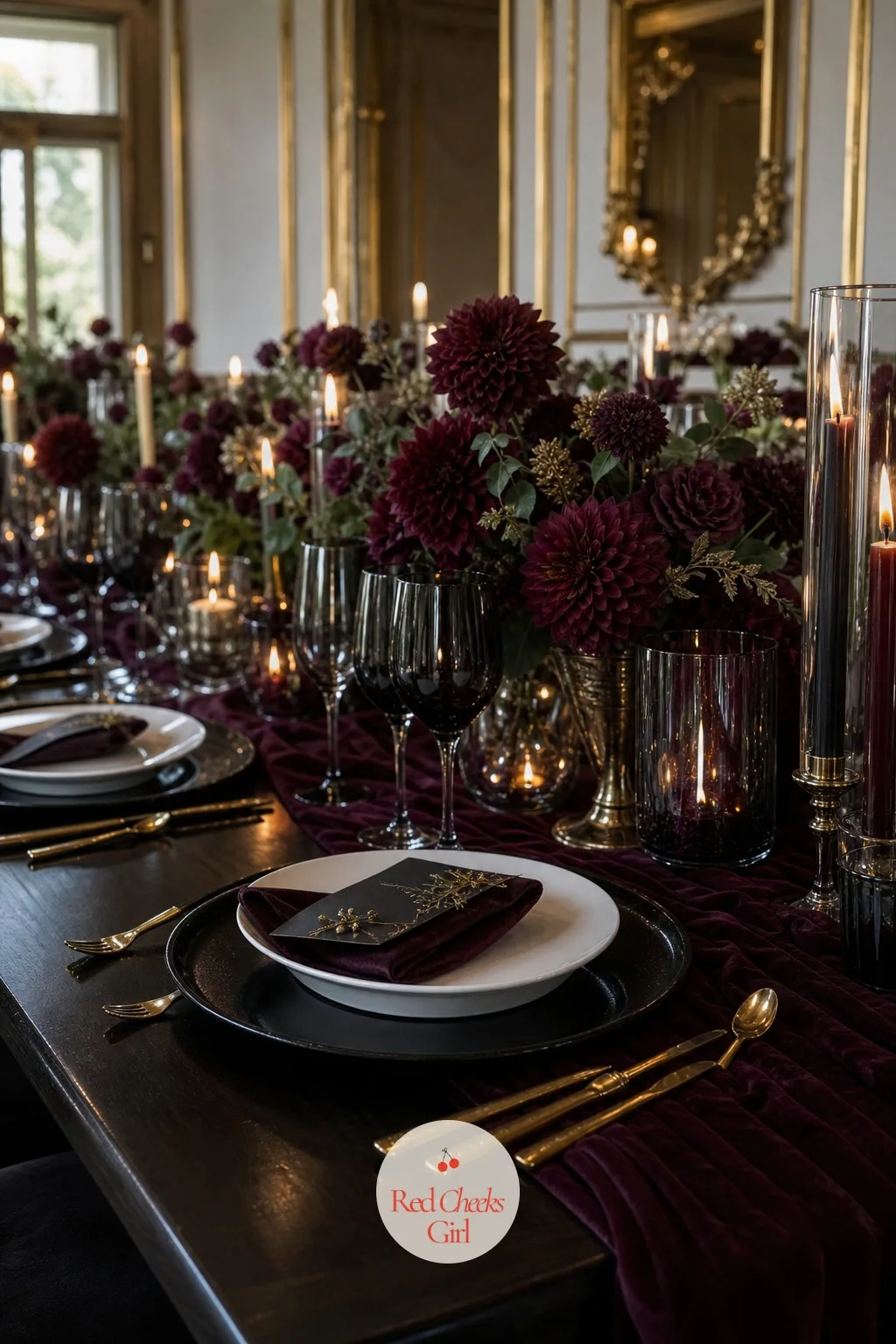 Black Chargers — White dinner plates alone look like any other wedding, and this one is not trying to be any other wedding. Moody romantic wedding decor