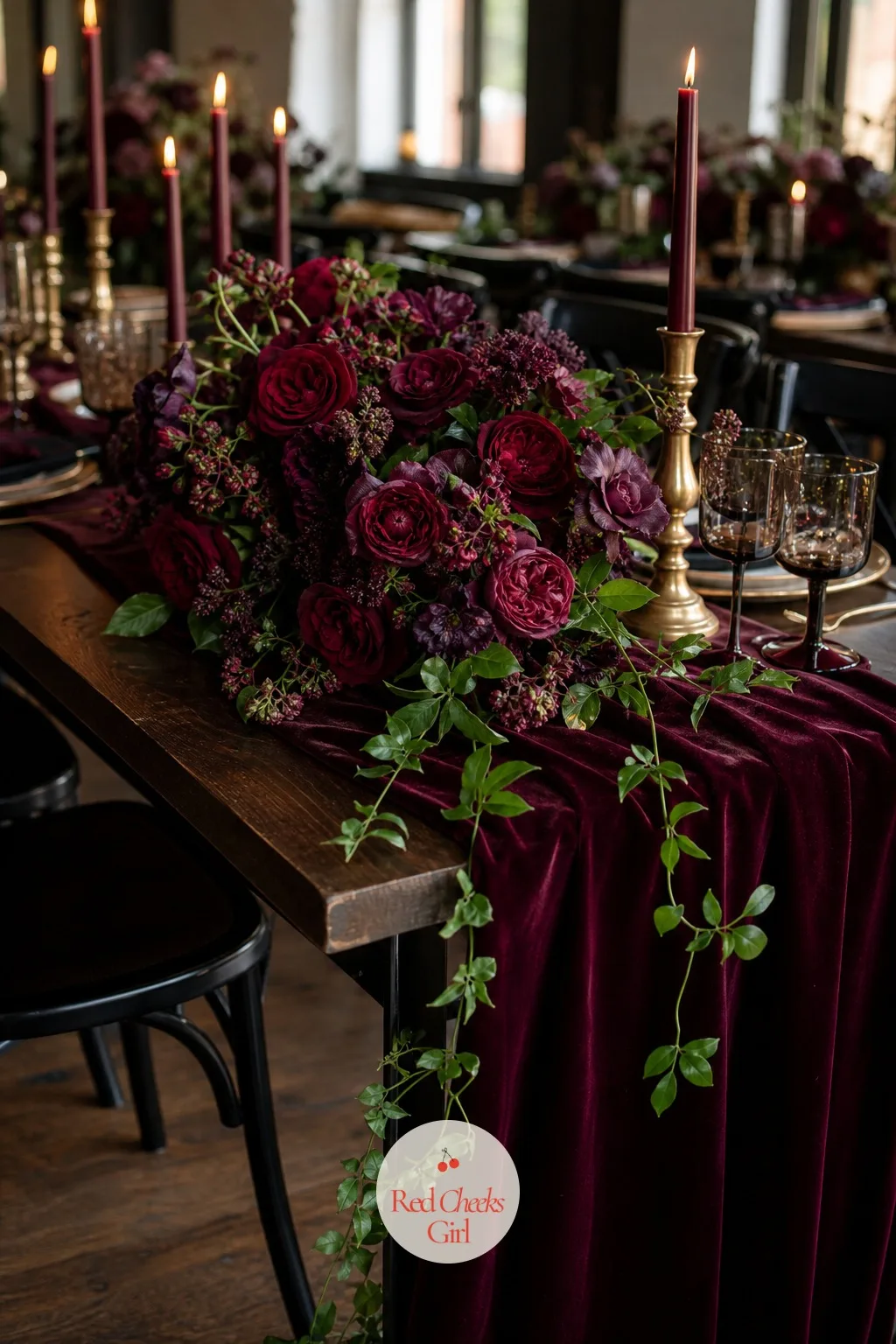 Burgundy and Plum Florals — A low centrepiece of burgundy and plum garden roses spilling down a velvet runner reads as deliberately indulgent without needing a