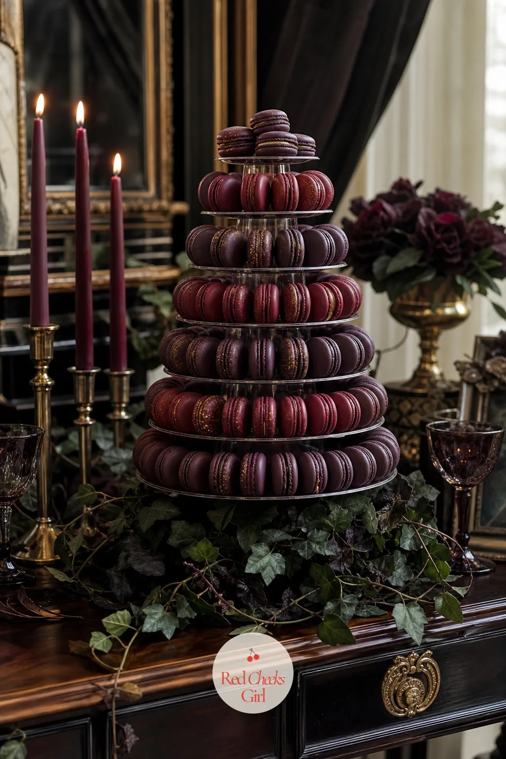 Deep Plum Macaron Tower — A single cake can look lonely in the middle of a long dessert table, especially once the cutting photos are done. Moody romantic