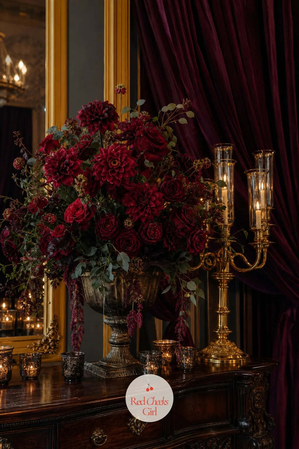 Deep Red Roses and Dahlias — One tall, generous arrangement does more for a room than a dozen small ones scattered thin across every table. Moody romantic