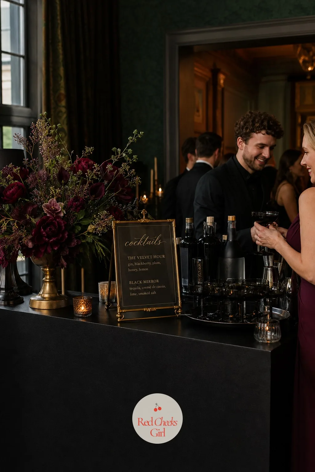 Ink-Black Cocktail Station — A standard white-clothed bar table fights every other dark surface in the room, which gets visually noisy fast. Moody romantic