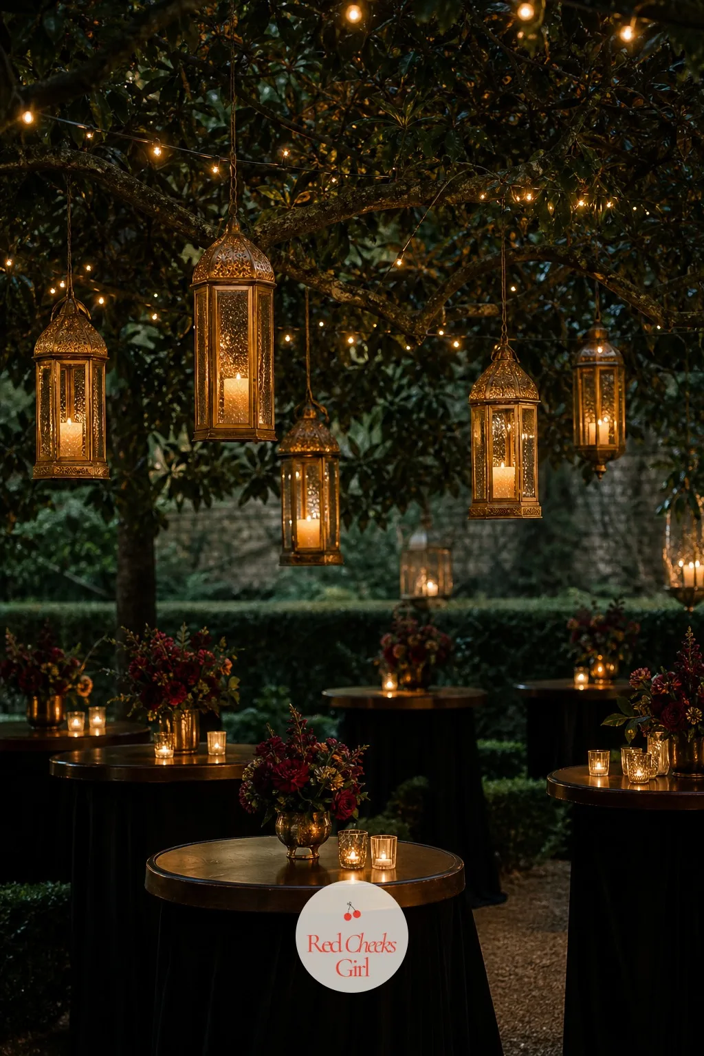 Lantern-Hung Garden Canopy — An outdoor lounge area under bare trees can feel unfinished once the sun drops, no matter how nice the furniture underneath. Moody