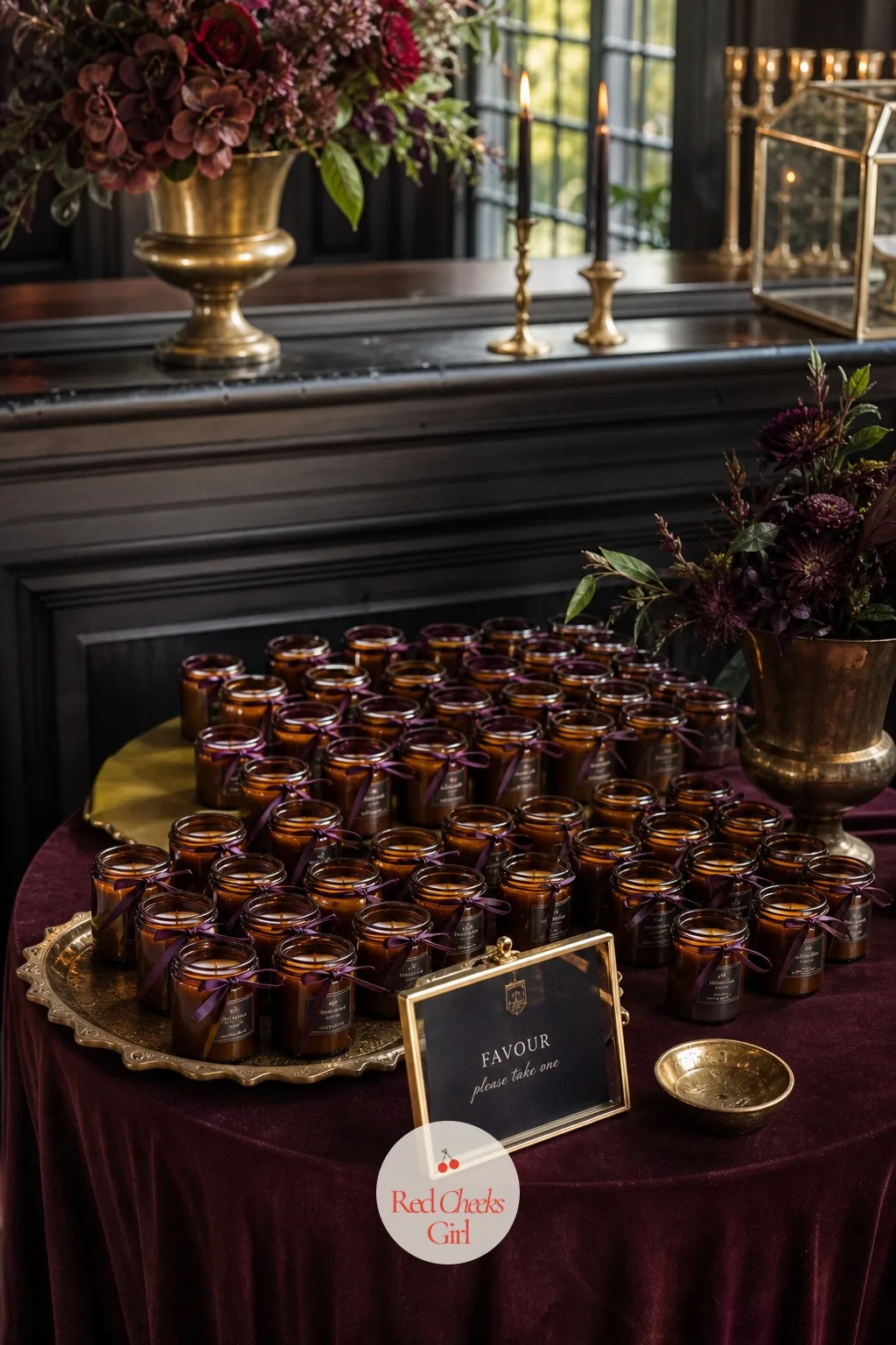 Mini Amber Candle Favors — A favour table of printed boxes looks like it belongs to a different, brighter wedding entirely. Moody romantic wedding decor