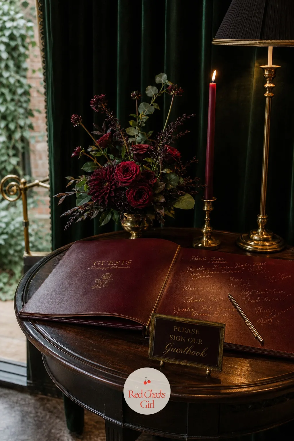 Oxblood Leather Guestbook Table — A standard guestbook table near the entrance often gets overlooked entirely once the ceremony starts, which means a beautiful