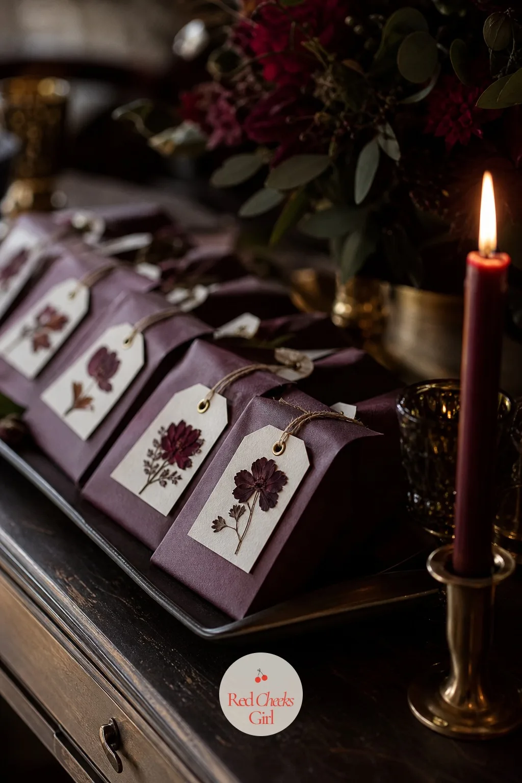 Pressed Burgundy Flower Favor Tags — A plain gift tag does nothing for a favour that has otherwise been dressed with care. Moody romantic wedding decor
