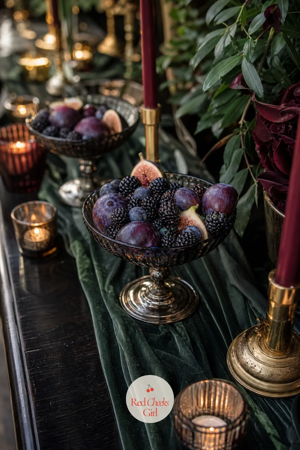 Smoked Glass Compote Bowls Of Dark Fruit — Dessert tables can lean very sweet and very uniform if every item on them is frosted the same way. Moody romantic