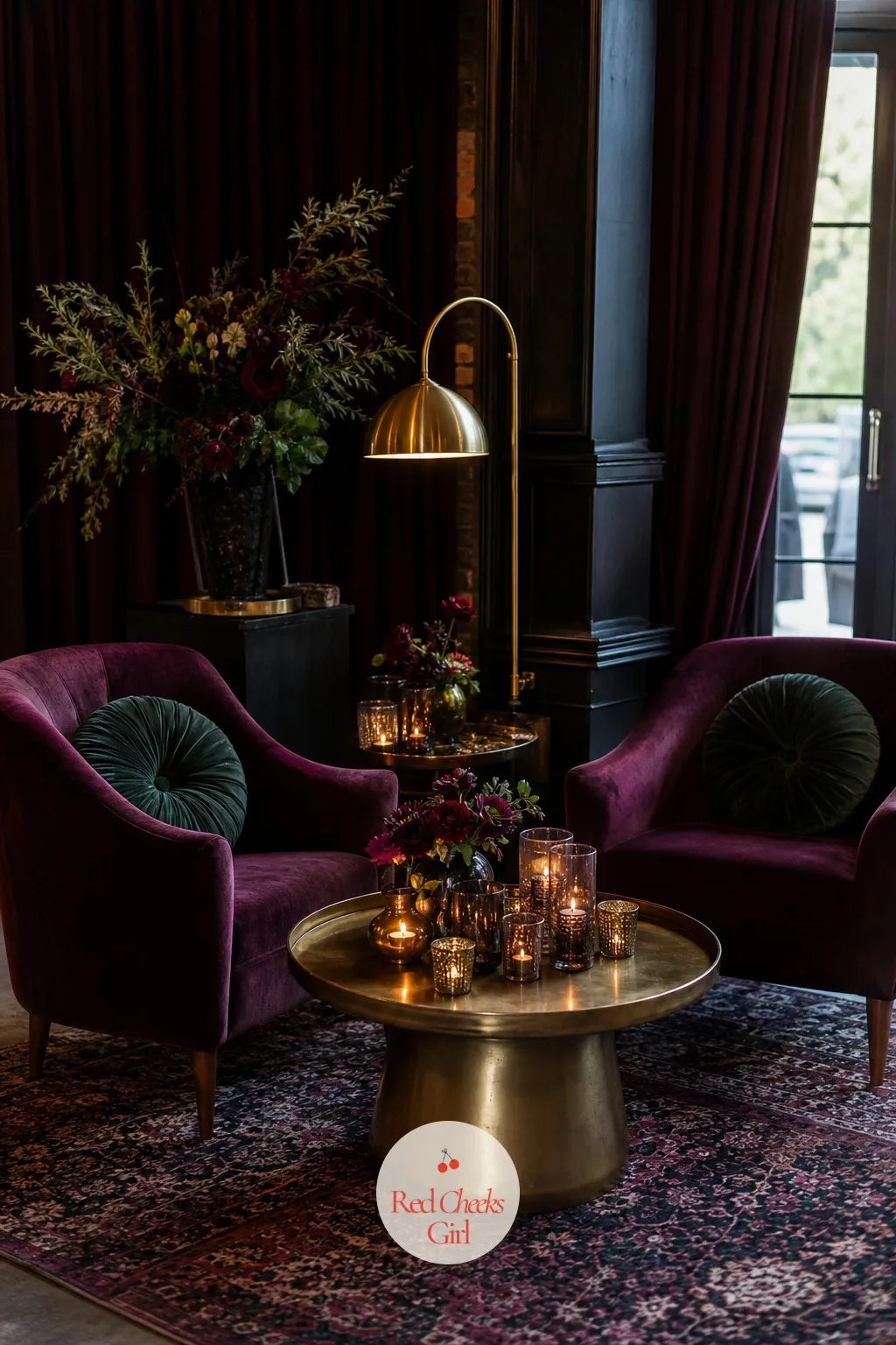 Velvet Lounge Nook — Guests need somewhere to land between the ceremony and the first dance that is not just a dinner chair. Moody romantic wedding decor