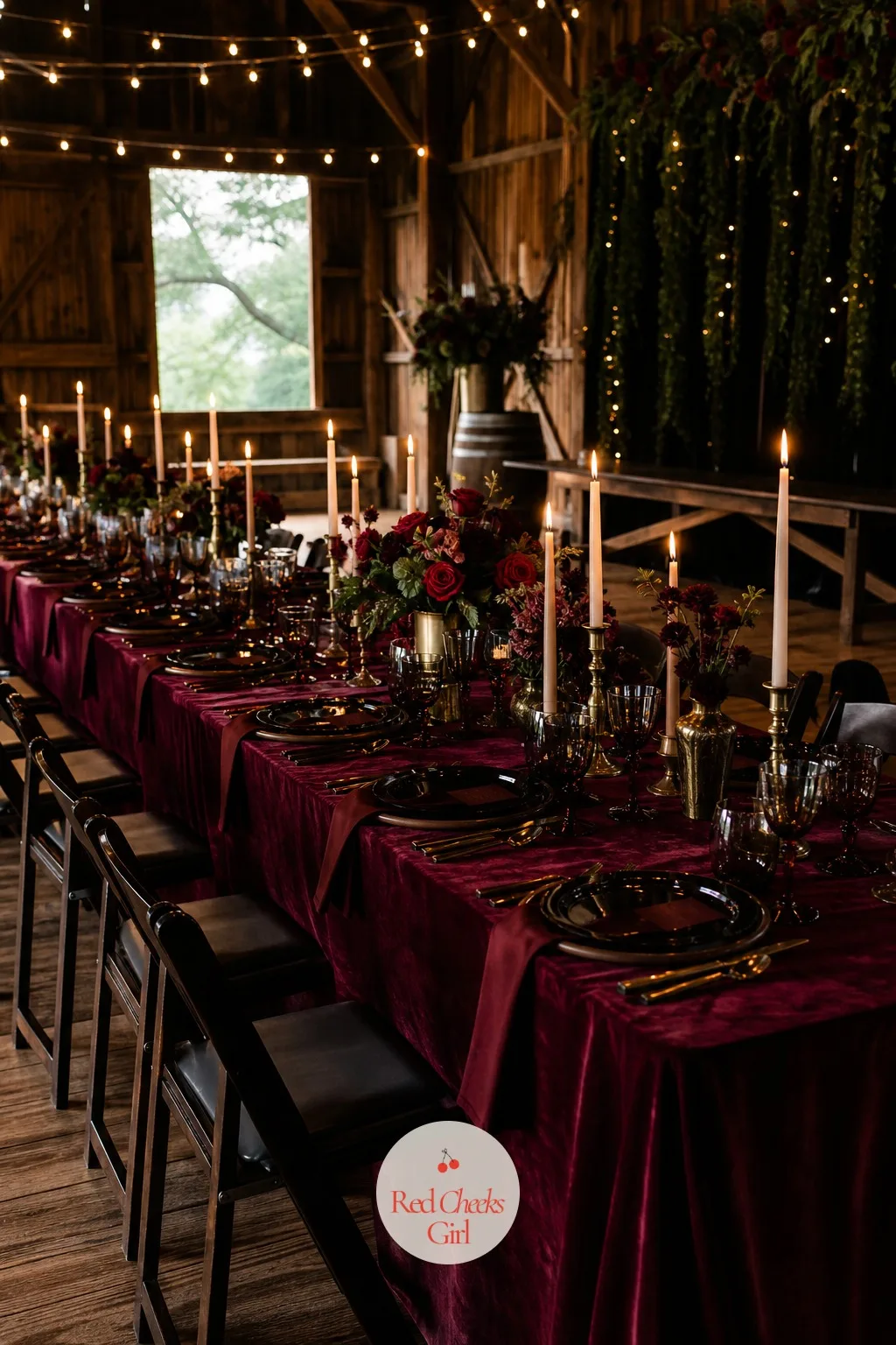 Velvet Tablecloths — A plain white cloth is the fastest way to flatten this whole look, no matter how good the candles are. Moody romantic wedding decor