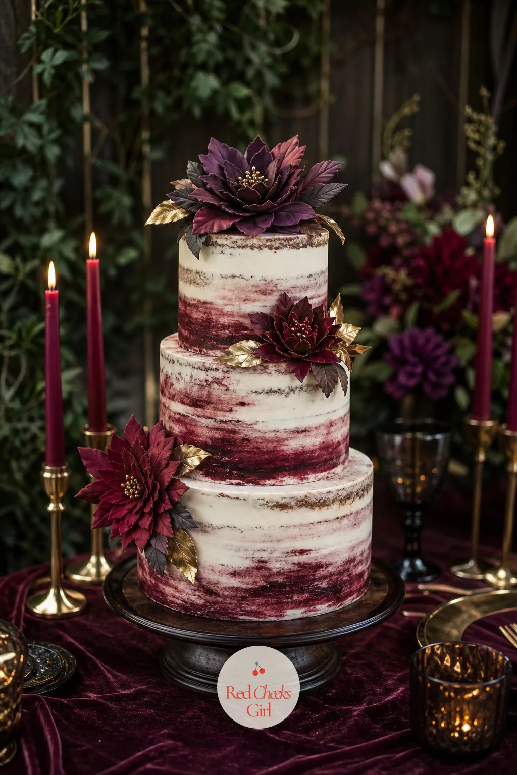 Wine-Stained Naked Cake With Sugar Dahlias — A plain white cake can feel like an afterthought once everything around it is this rich in colour. Moody romantic