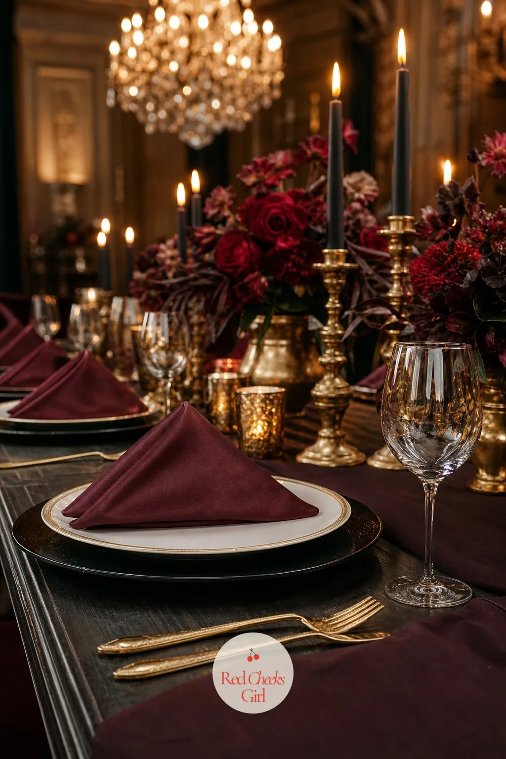 Black Chargers With Burgundy Napkins — All black everywhere starts to feel like a wake, which is exactly what the burgundy napkin is there to stop. Moody