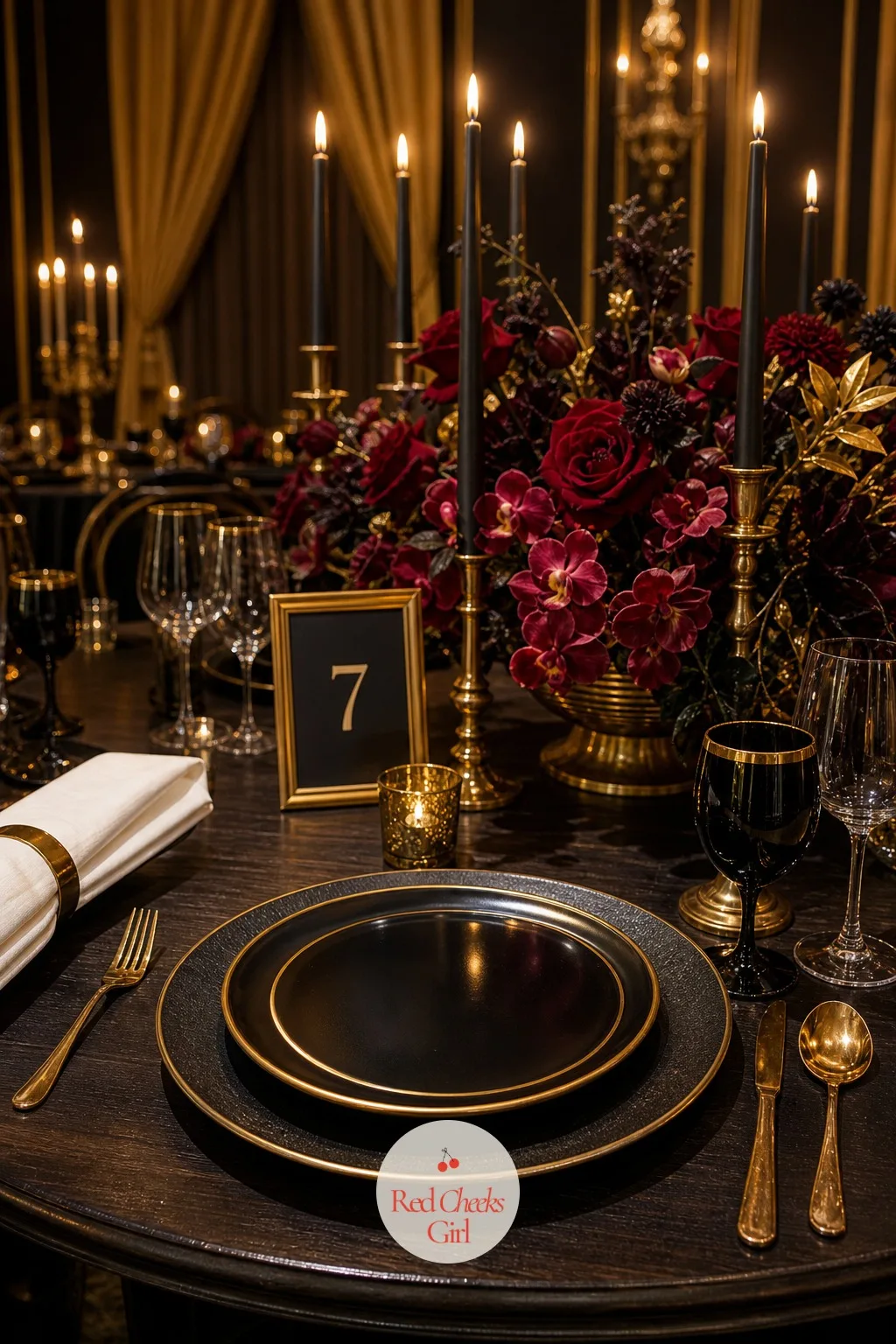 Black and Gold China — Patterned china has a reputation for feeling stiff and formal in the wrong way. Moody wedding table setting