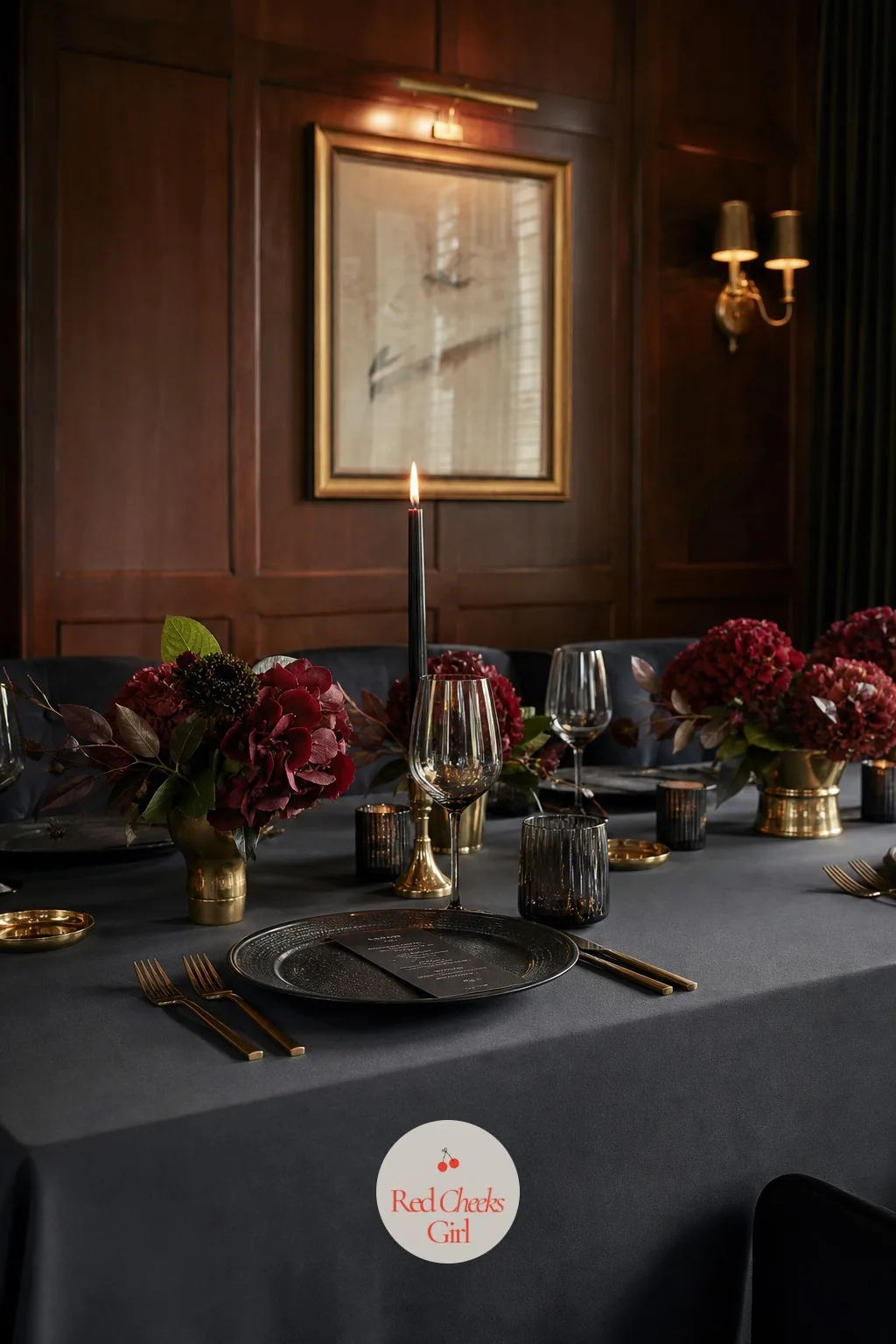 Charcoal Pressed Cotton Tablecloth — Not every budget stretches to velvet or silk, and it does not need to. Moody wedding table setting