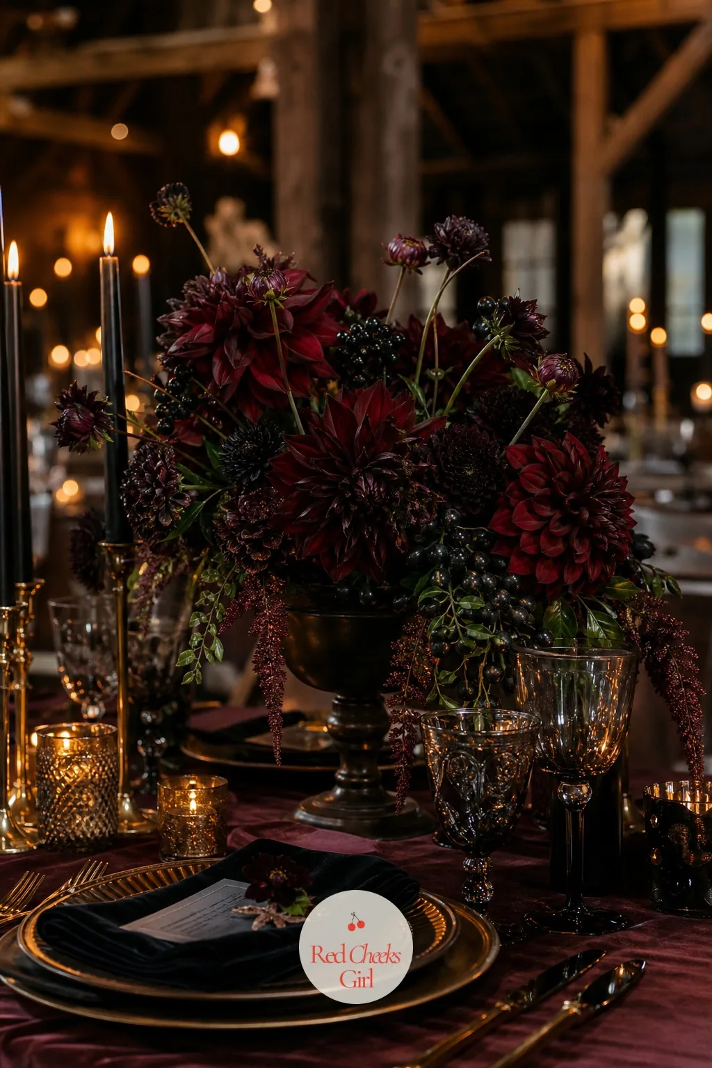 Dark Dahlias With Black Berries — Dark dahilas, red roses, and trailing green foliage combine into bunches that catch the eye without looking overdone. Moody