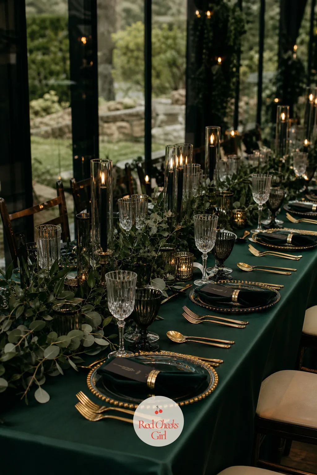 Dark Green Tablecloth With Gold Flatware — Dark green on a table sounds like it belongs to a different holiday entirely. Moody wedding table setting
