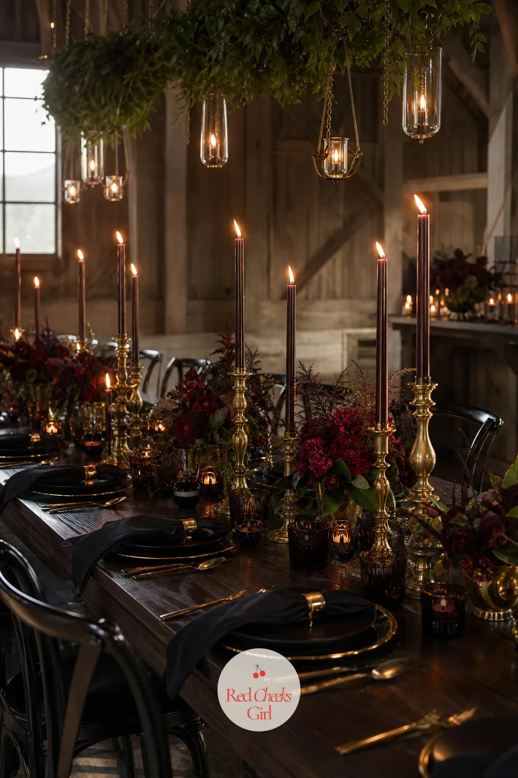 Dark Wood Table With Brass Accents — A table this good barely needs dressing, and that is rather the point of having one. Moody wedding table setting