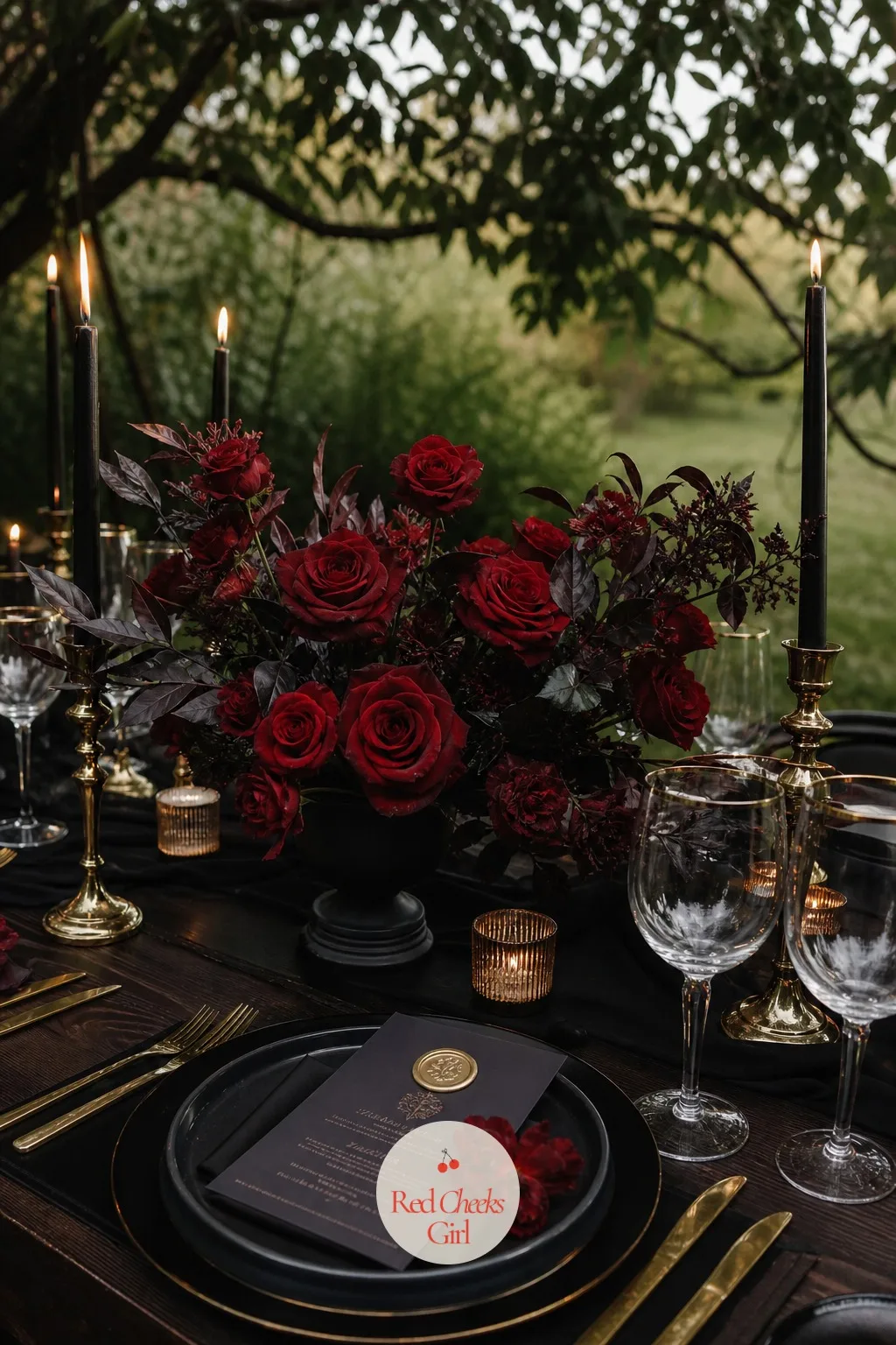 Deep Red Roses — Roses can tip into sweet very fast, which is not the note this table wants. Moody wedding table setting