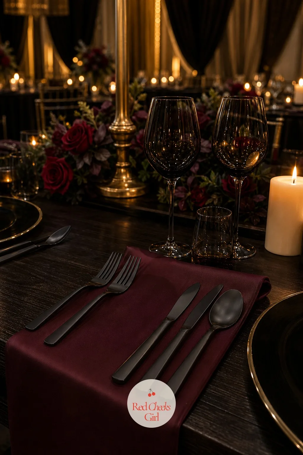Matte Black Flatware — Shiny silver flatware throws candle glare straight back at the camera, which is the last thing a moody table needs. Moody wedding table