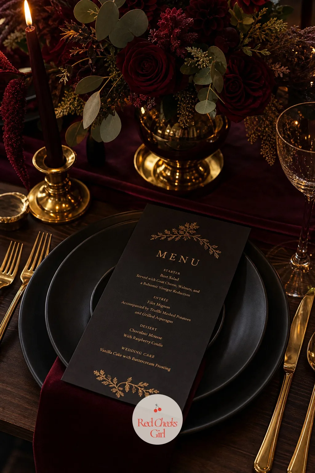 Menus on Dark Card Stock — Dark ink on dark paper reads as nothing from across a table, so the trick here is contrast rather than colour. Moody wedding table