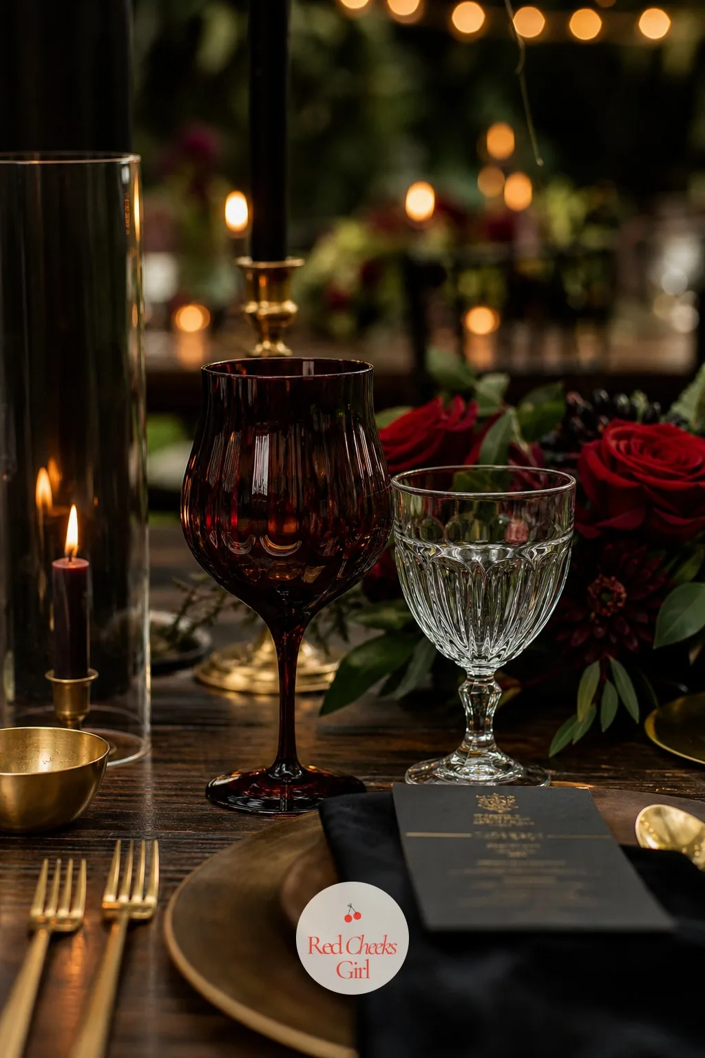 Merlot Glassware — A table built entirely from grey and black can start to feel cold under candlelight. Moody wedding table setting