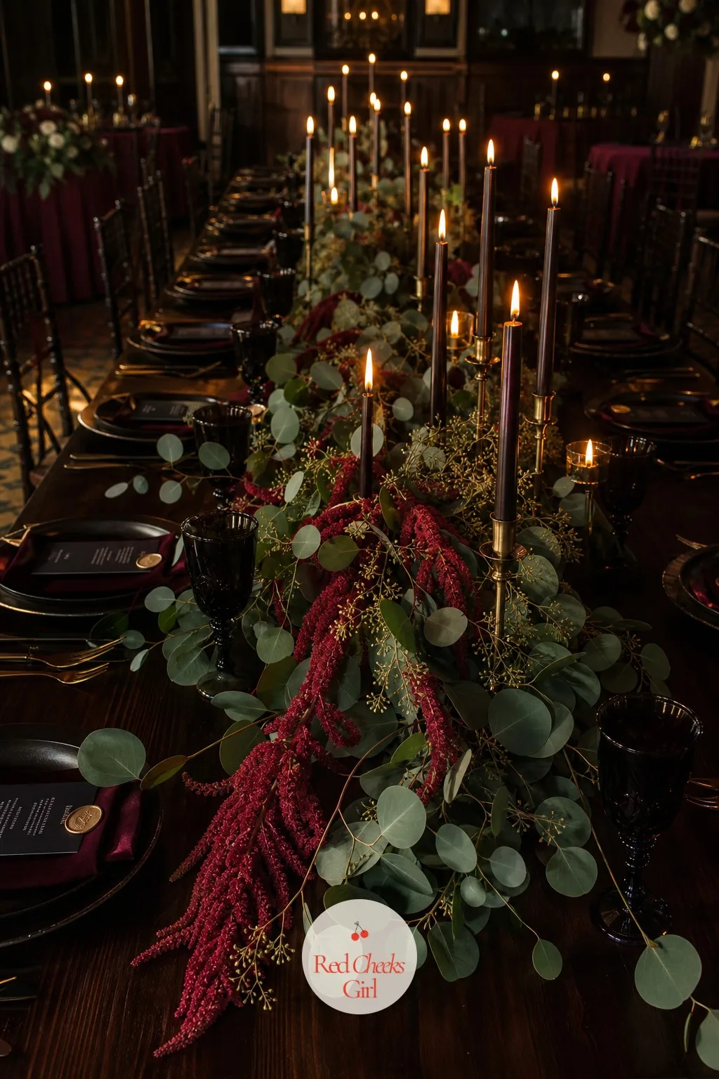 Trailing Amaranthus and Eucalyptus Garland — A tall centrepiece at every place setting gets expensive fast across a long table. Moody wedding table setting