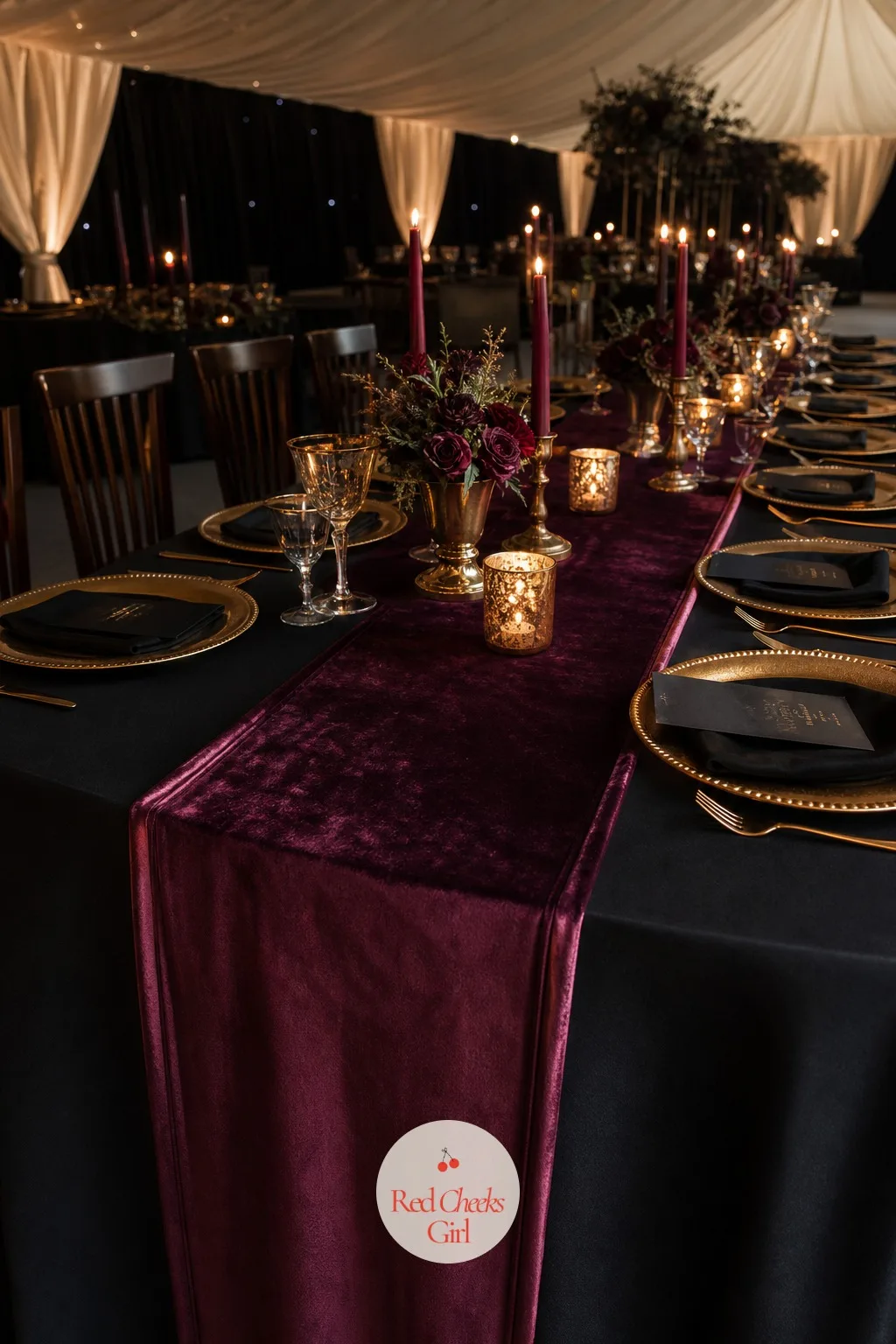 Velvet Runner In Plum — Velvet sounds like a fabric for a fainting couch, not a wedding table, but it reads as expensive from ten feet away and nobody is