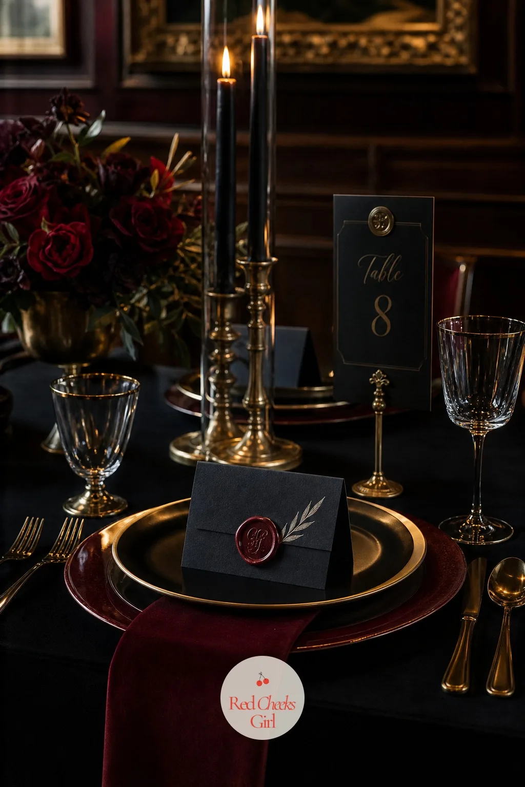 Wax Sealed Place Cards on Black Paper — A folded place card needs something to hold it shut, or it curls open on the table before guests even sit down. Moody
