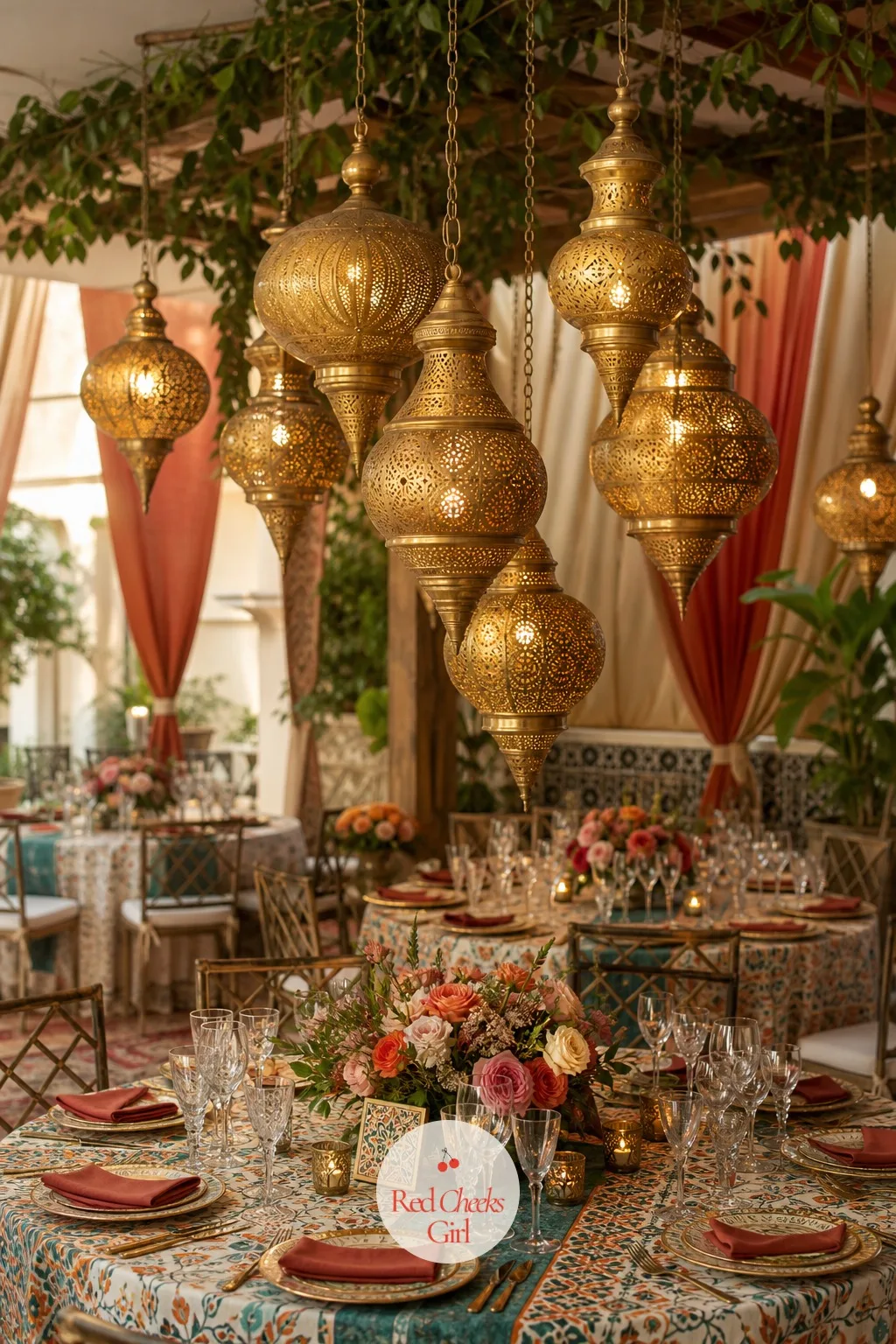 Brass Lantern Chandeliers Over the Tables — A plain hired marquee or hall ceiling can swallow a reception whole if nothing is hung from it. Moroccan wedding