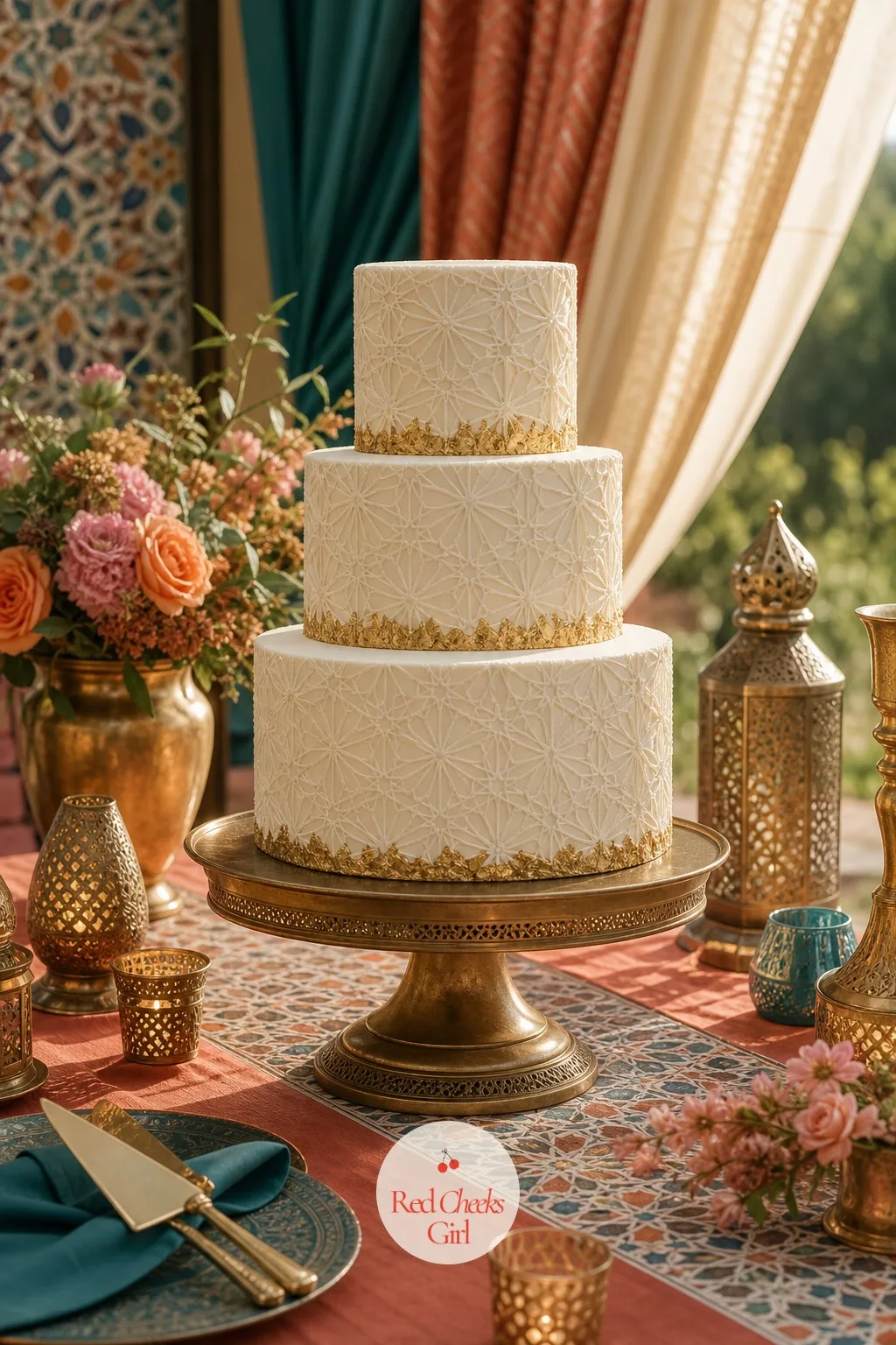 The Cake with a Piped Geometric Pattern — A smooth white tiered cake can look like it belongs at any wedding at all. Moroccan wedding