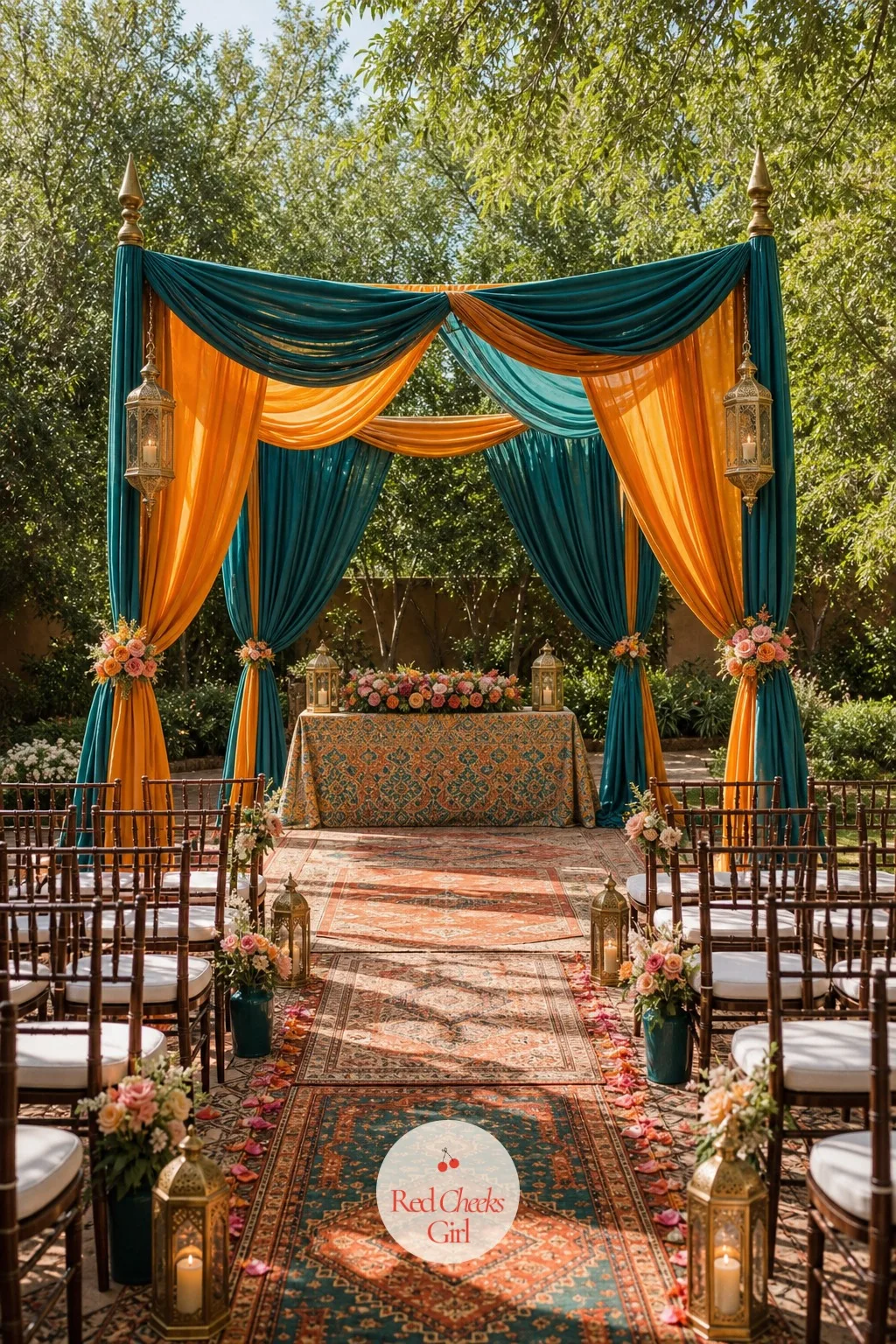 A Draped Canopy Over the Altar — An ordinary lawn with nothing overhead can feel exposed, especially for a front row of elderly relatives in full sun. Moroccan
