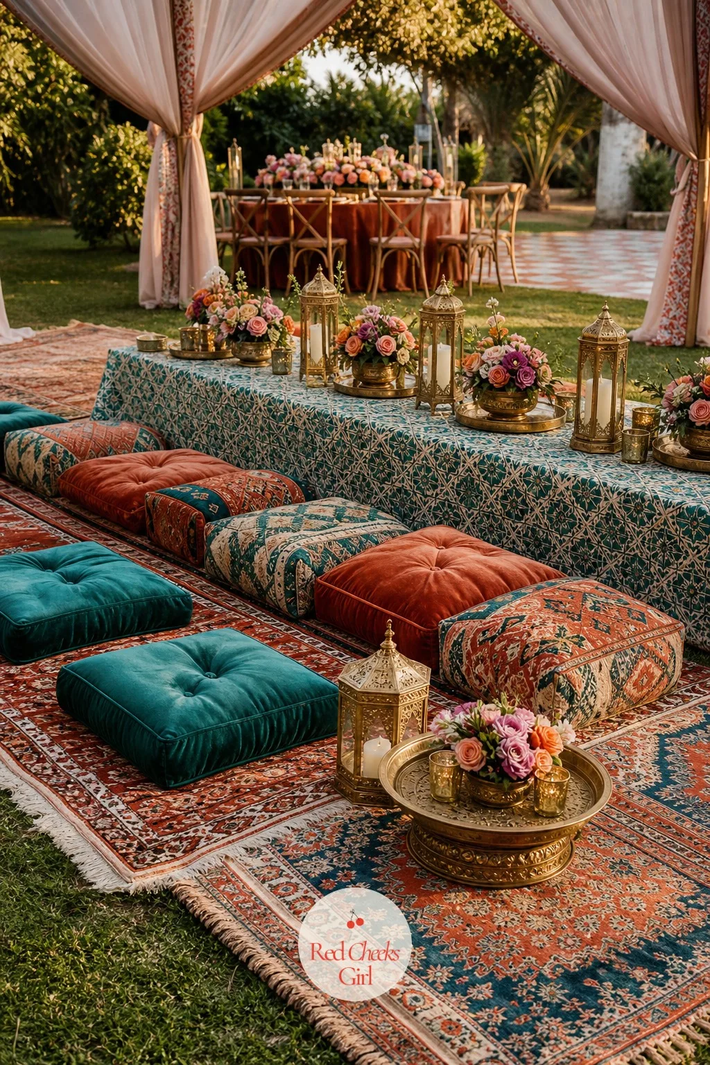 Layered Rugs with Low Cushion Seating — Rows of hired chairs look fine, but they do not say anything about where this wedding is from. Moroccan wedding