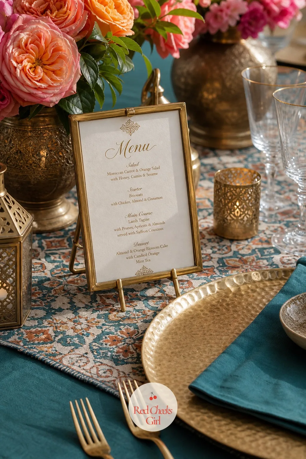 Menu Cards in Brass Frames — A folded paper menu can get lost next to a dressed table this detailed. Moroccan wedding