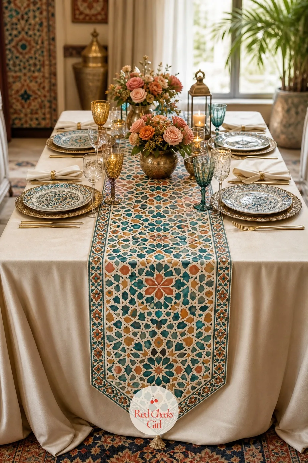 Tile Pattern Runners on Every Table — A plain cream tablecloth on its own looks unfinished for this theme, almost like the table forgot to get dressed.