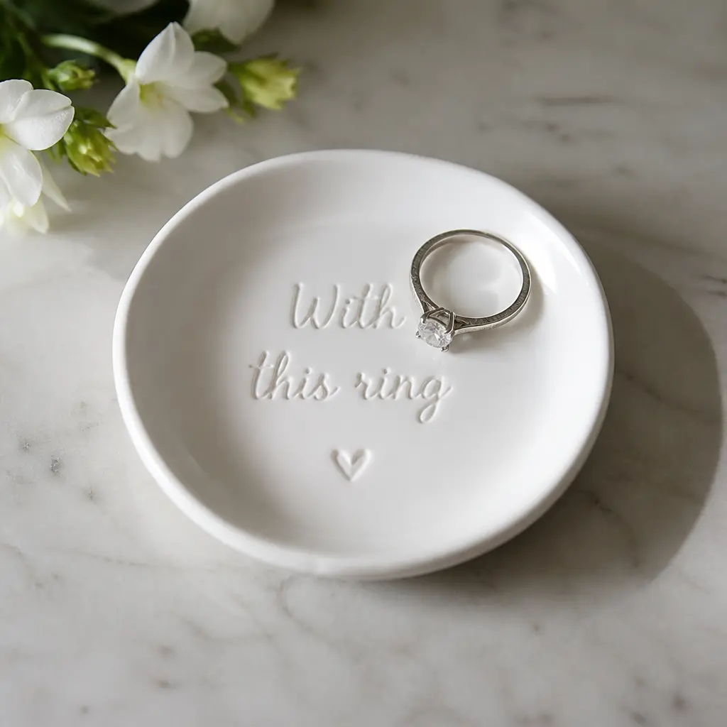 Engraved Ring Dish — A small ceramic dish engraved with a date or initials, meant to catch rings by the sink every night. Mother in law christmas gift ideas