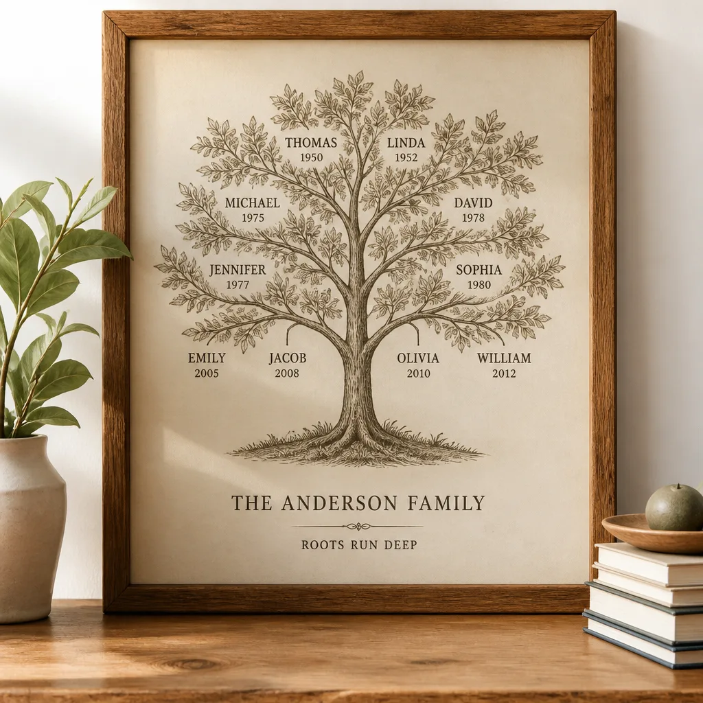 Family Tree Wall Art — A printed family tree with every name filled in, from her own parents down to the newest grandchild. Mother in law christmas gift ideas