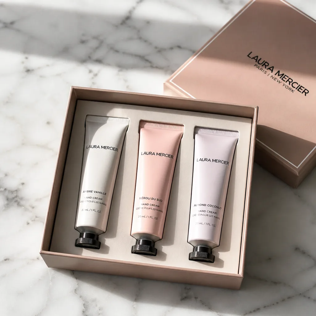 Hand Cream Gift Set — A small trio of hand creams in travel sizes, the kind that lives by the kitchen sink all winter. Mother in law christmas gift ideas
