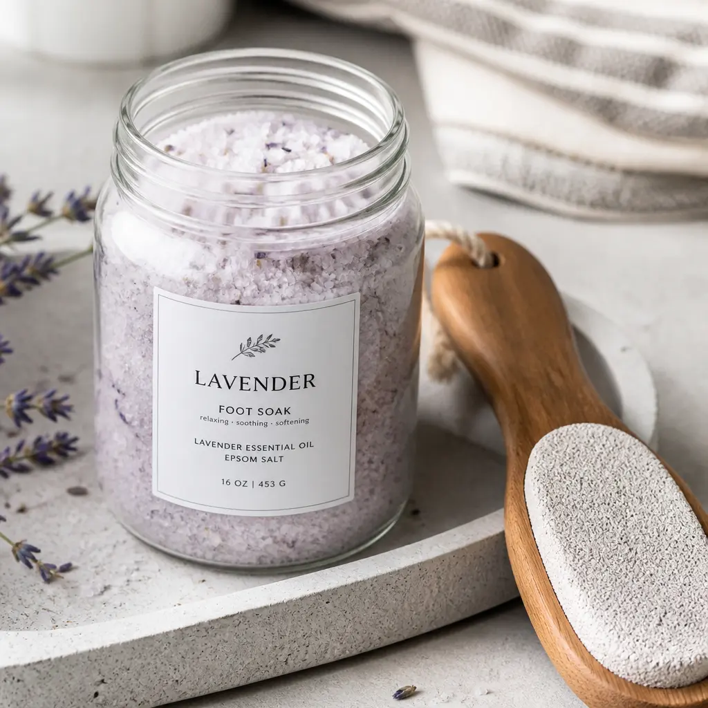 Lavender Foot Soak Set — A soak with lavender and Epsom salt, paired with a pumice stone, for the woman who stands all day at Christmas. Mother in law