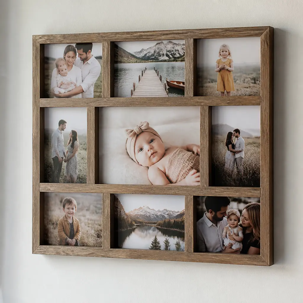 Multi Photo Collage Frame — A single frame with several openings, built to hold a whole year of grandkid photos at once. Mother in law christmas gift ideas