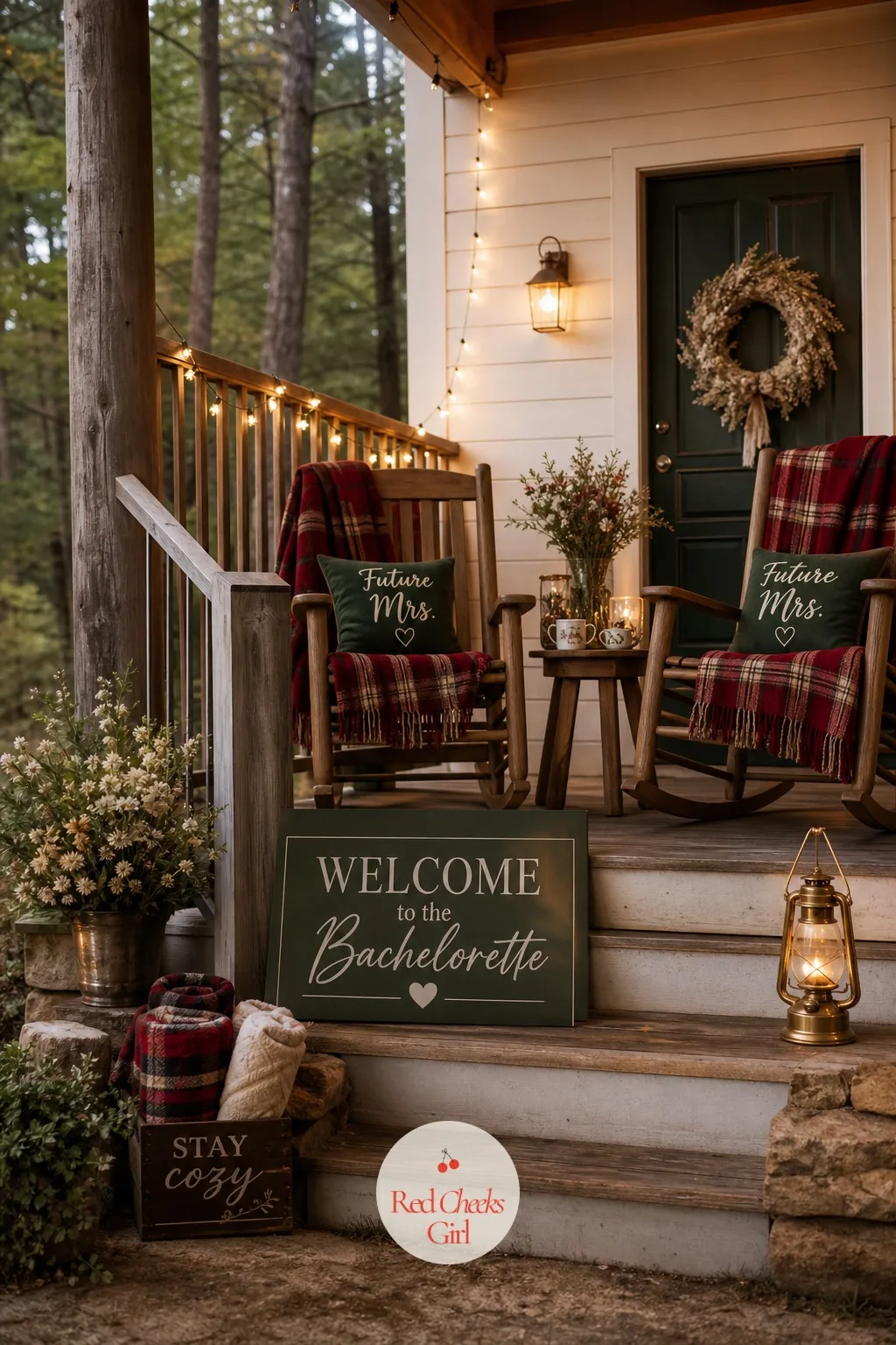 Cabin Porch With String Lights And A Plaid Welcome — She will worry the porch looks bare the second guests pull in. Mountain bachelorette party theme