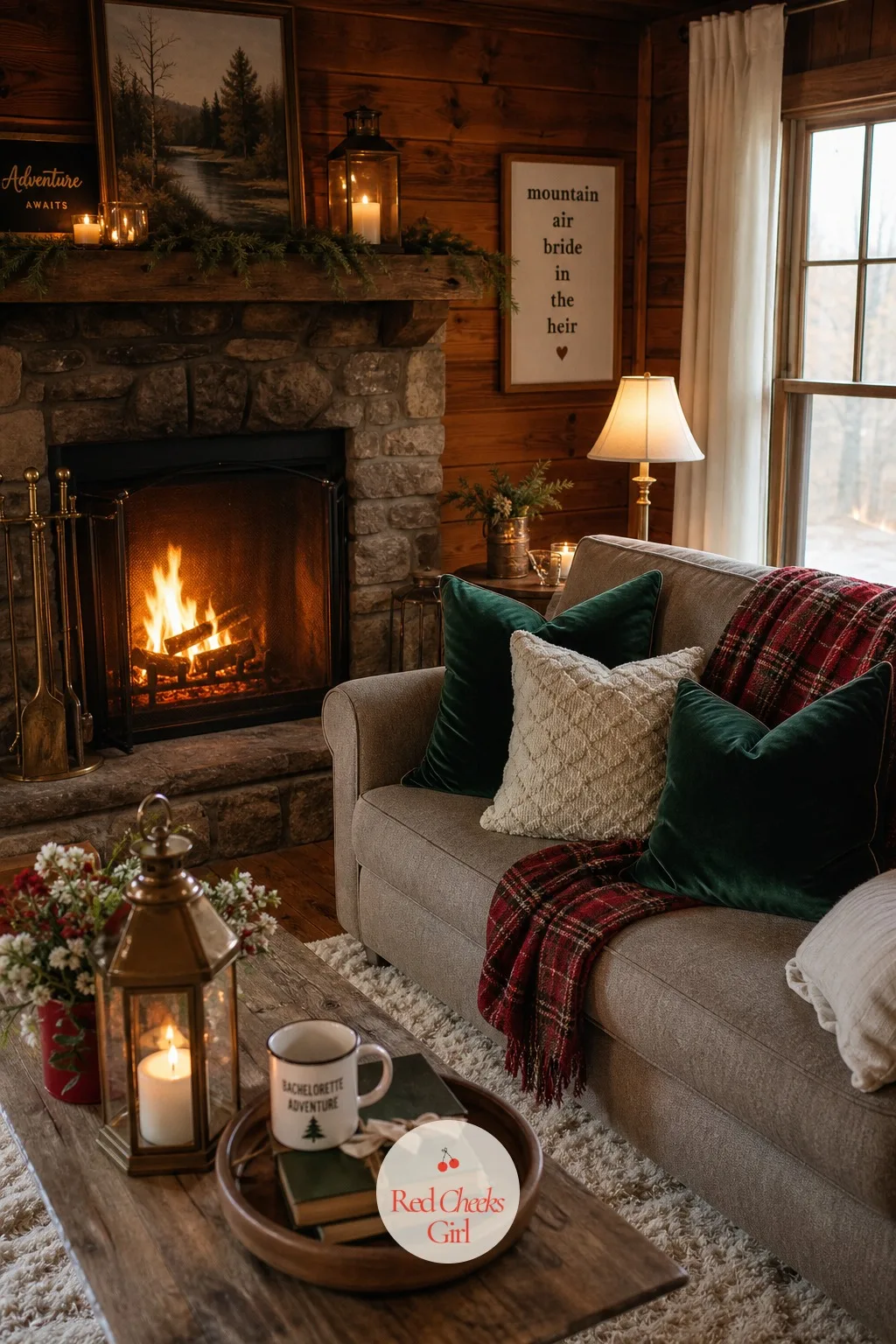 The Living Room Fire Corner In Velvet And Flannel — If the weather turns, this corner is where the whole weekend actually happens. Mountain bachelorette party