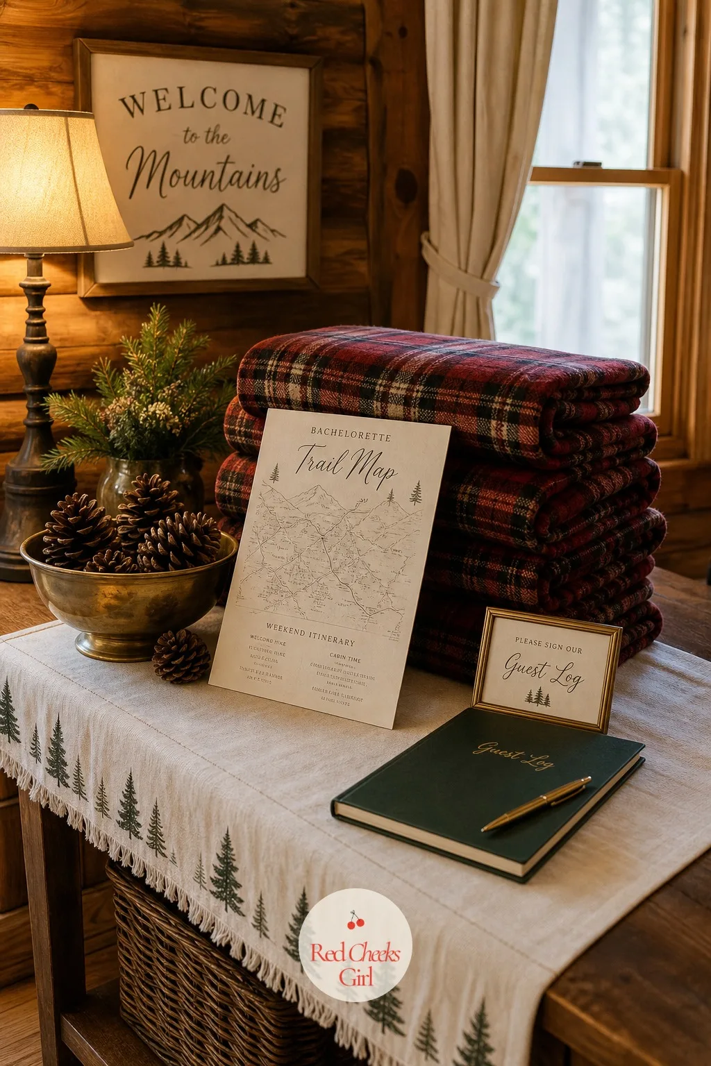 A Welcome Table Stacked With Plaid And Pine — Someone always hovers by the door not sure where to put their bag. Mountain bachelorette party theme