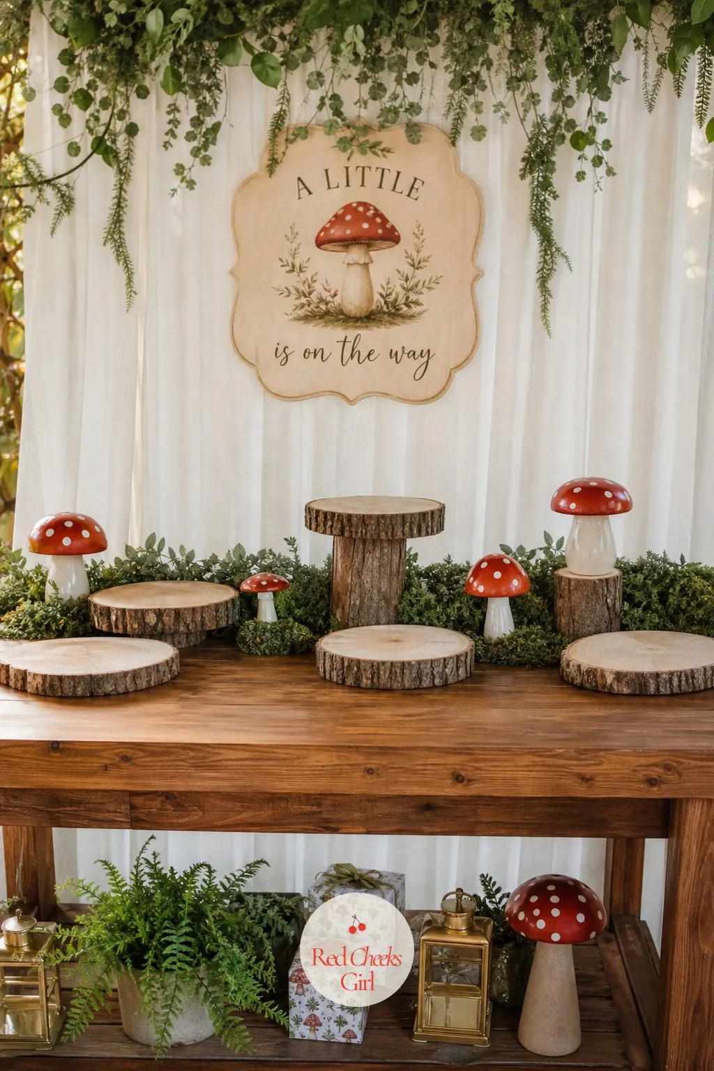 Enchanted Forest Dessert Table — One cake on a bare table looks lonely. Mushroom baby shower theme