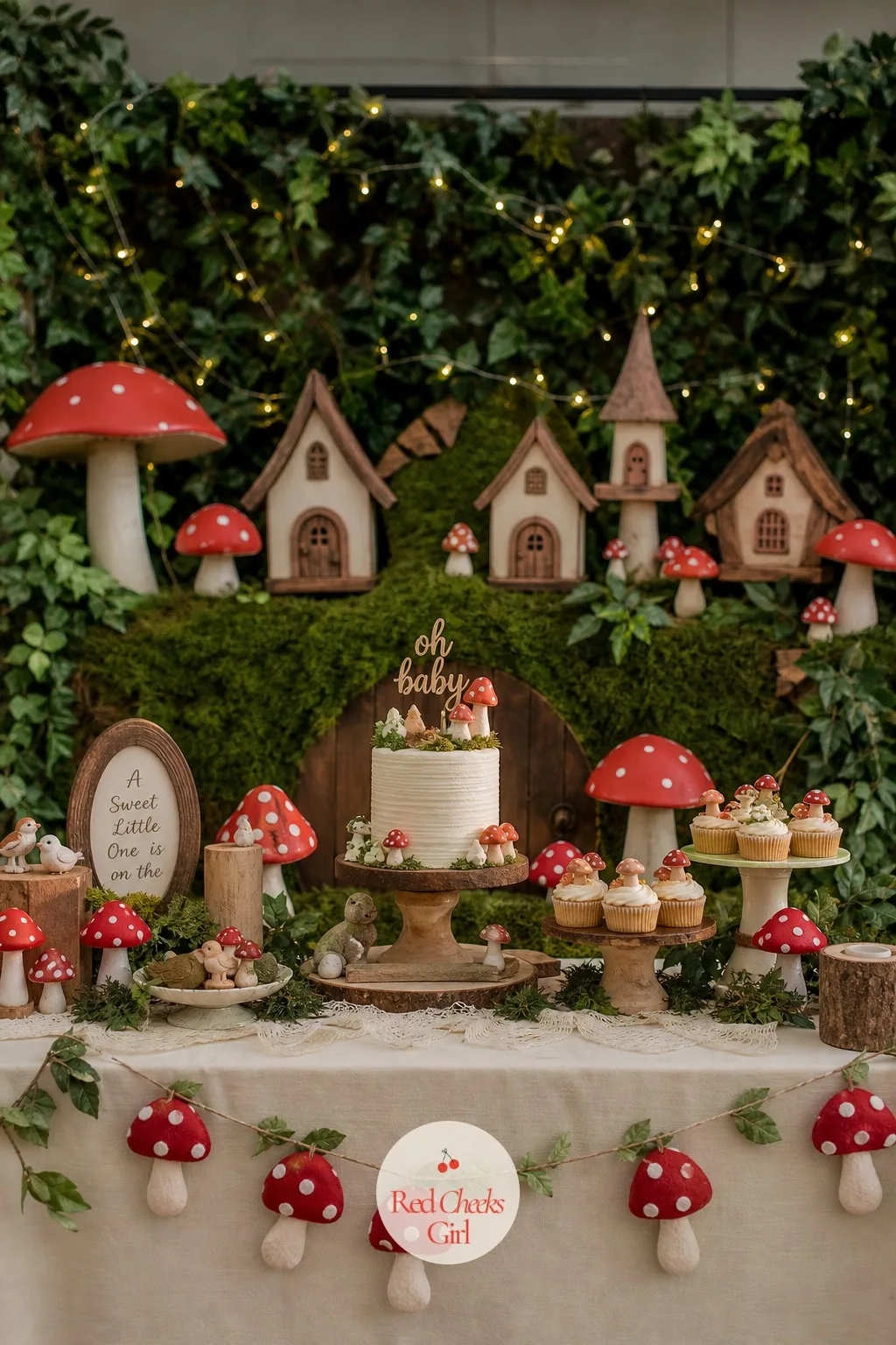Fairy House Forest Backdrop — This is the wall everyone's phone finds first. Mushroom baby shower theme